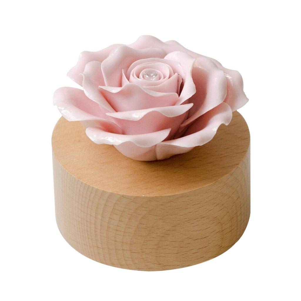 FSHAN Pink Rose Wooden Wind-Up Music Box with White Flowers - 3.2in City in The Sky Musical Keepsake Gift for Girlfriends, Women, Brides (Pink) - Perfect for Anniversaries, Valentine's Day & Romantic Home Decor