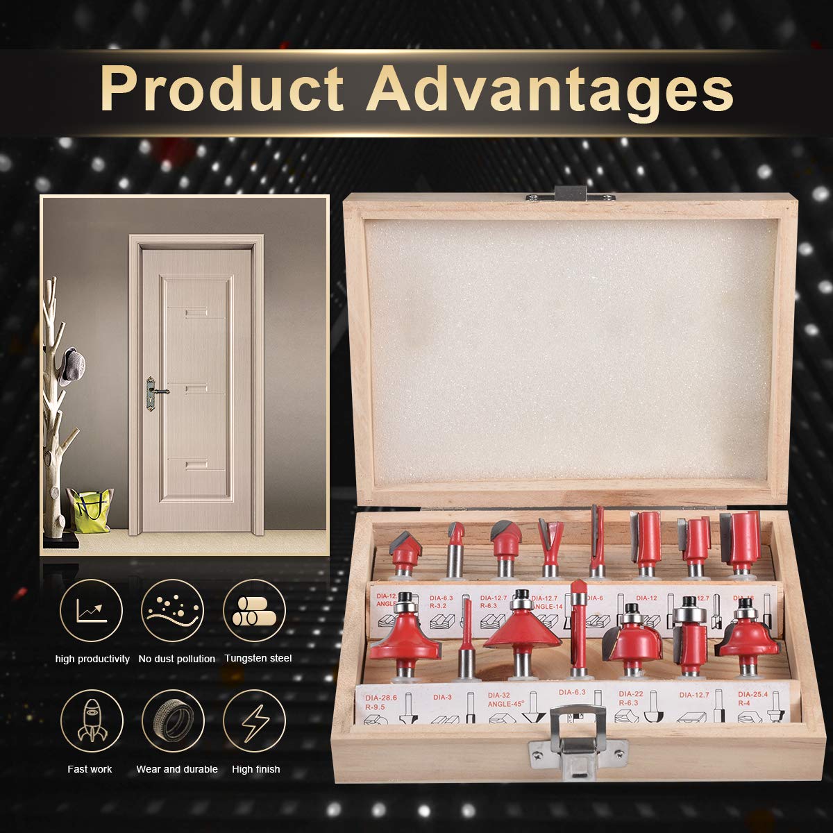 15pcs Tungsten Carbide Router Bit Set - 1/4