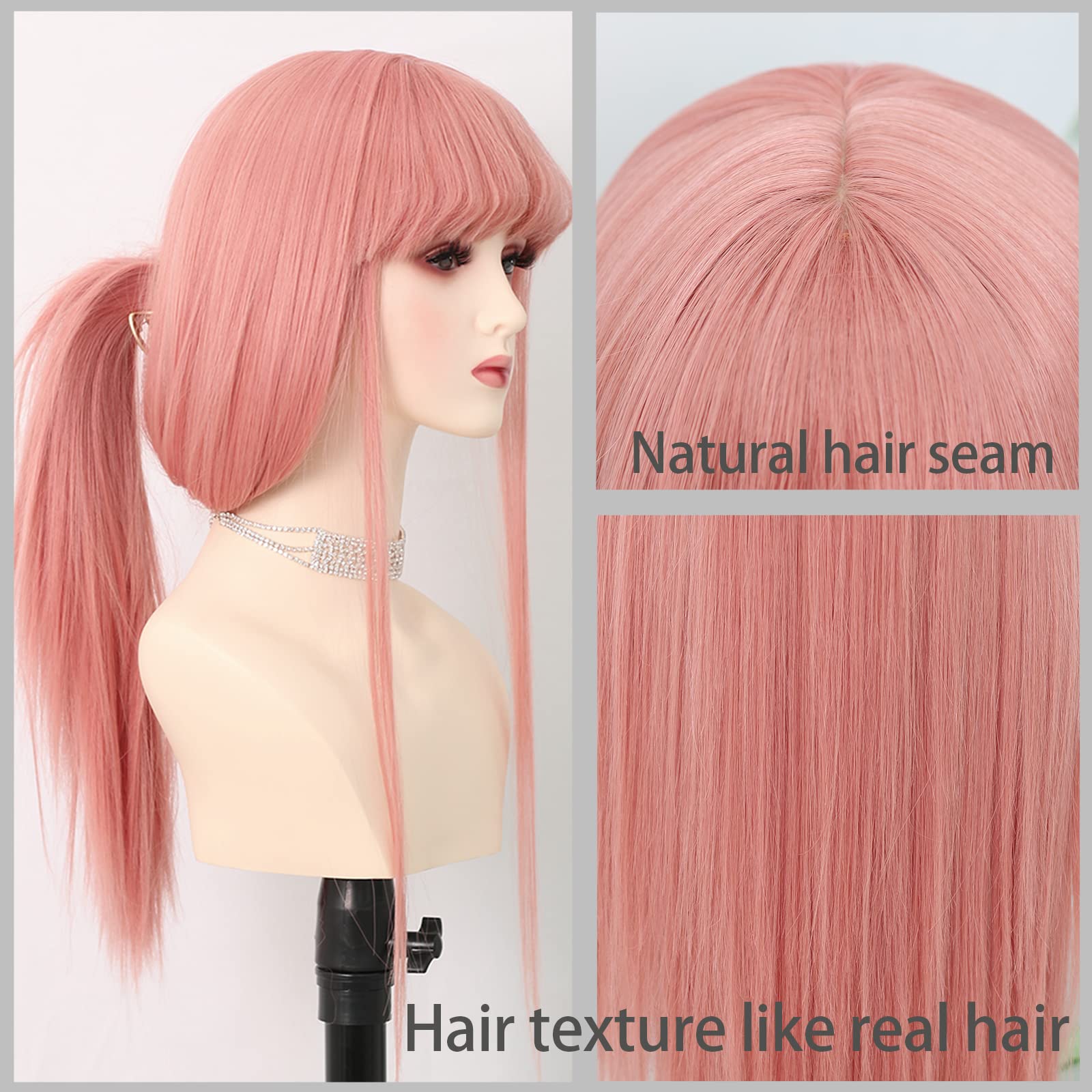 Zero Two Pink Cosplay Wig with Bangs - 24 Inch Light Straight Synthetic Heat Resistant Hair for Anime Costume, Halloween Party & Egirl Fashion (Perfect for White Women)