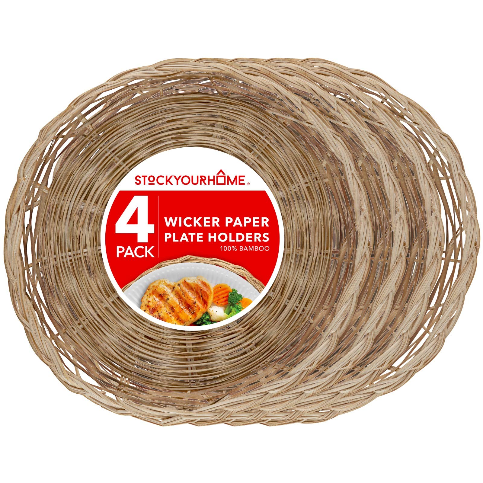 Stock Your Home 10-Inch Bamboo Paper Plate Holder (4 Pack) - Heavy Duty Wicker Reusable Natural Charger Plates for Dinner Parties, Weddings & Eco-Friendly Events