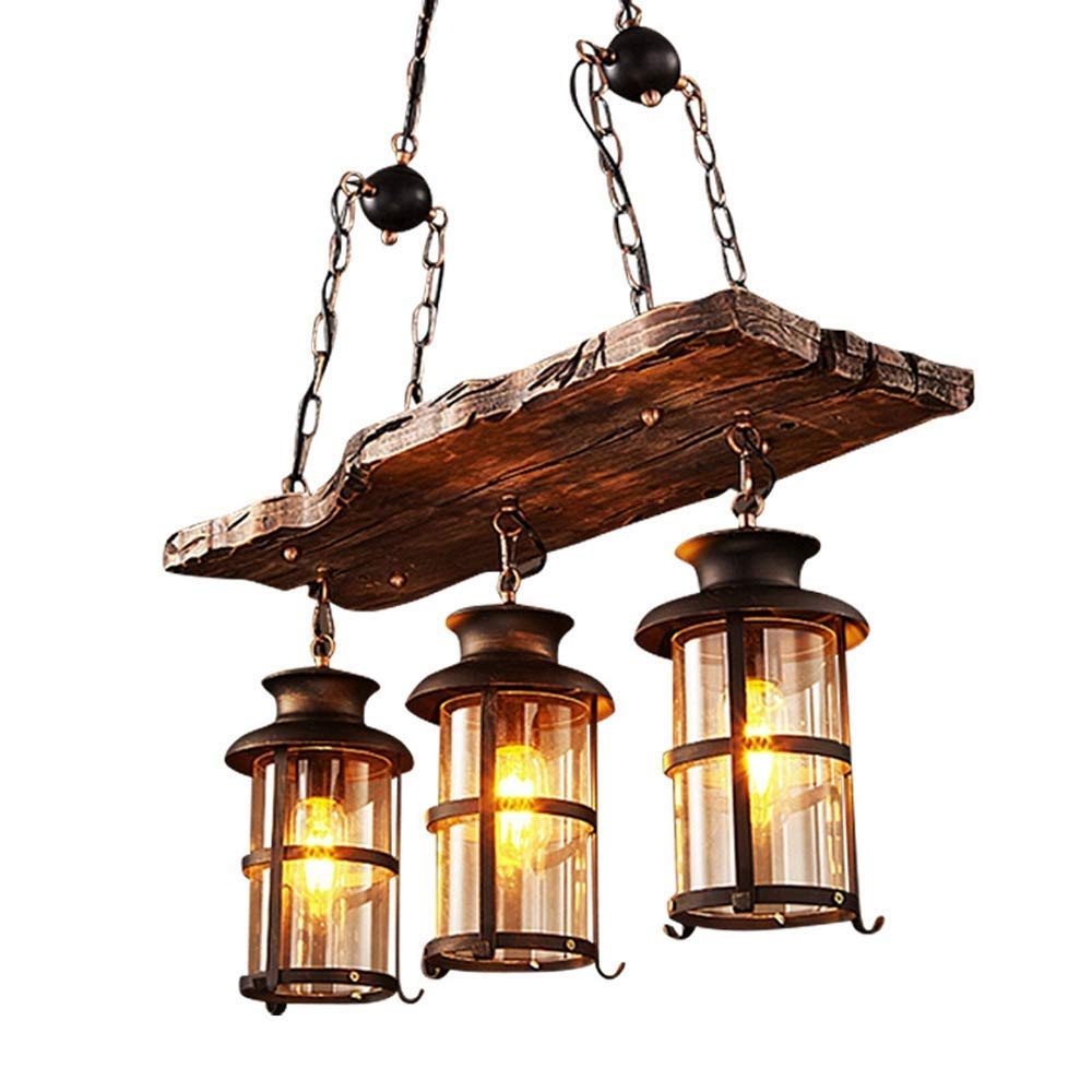 Vintage Industrial Pendant Lamp - Antique Wood & Metal Iron Design with Round Glass Shade - 3-Light Hanging Chandelier for Living Room, Bedroom, Kitchen & Dining Room - Perfect for Loft, Farmhouse & Retro Decor