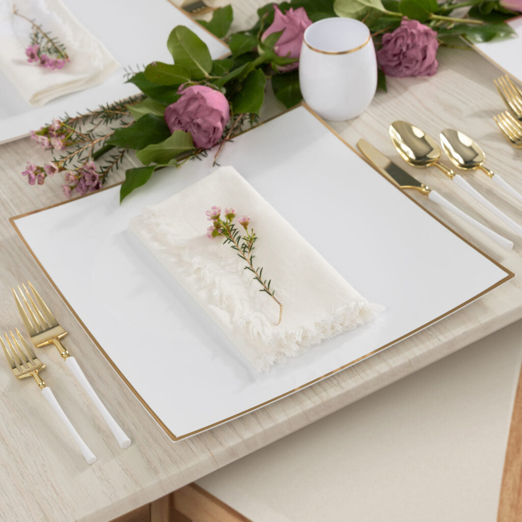 White and Gold 13-Inch Square Plastic Charger Plates - Set of 4 - Elegant Dinnerware for Weddings, Parties, and Formal Dining