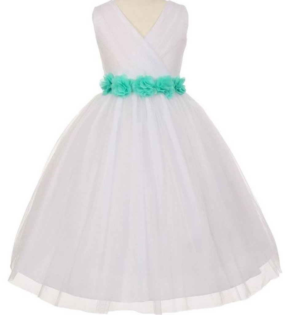 Little Girls White Tulle V-Neck Floral Sash Flower Dress - Perfect for Birthday Parties, Pageants & Special Occasions