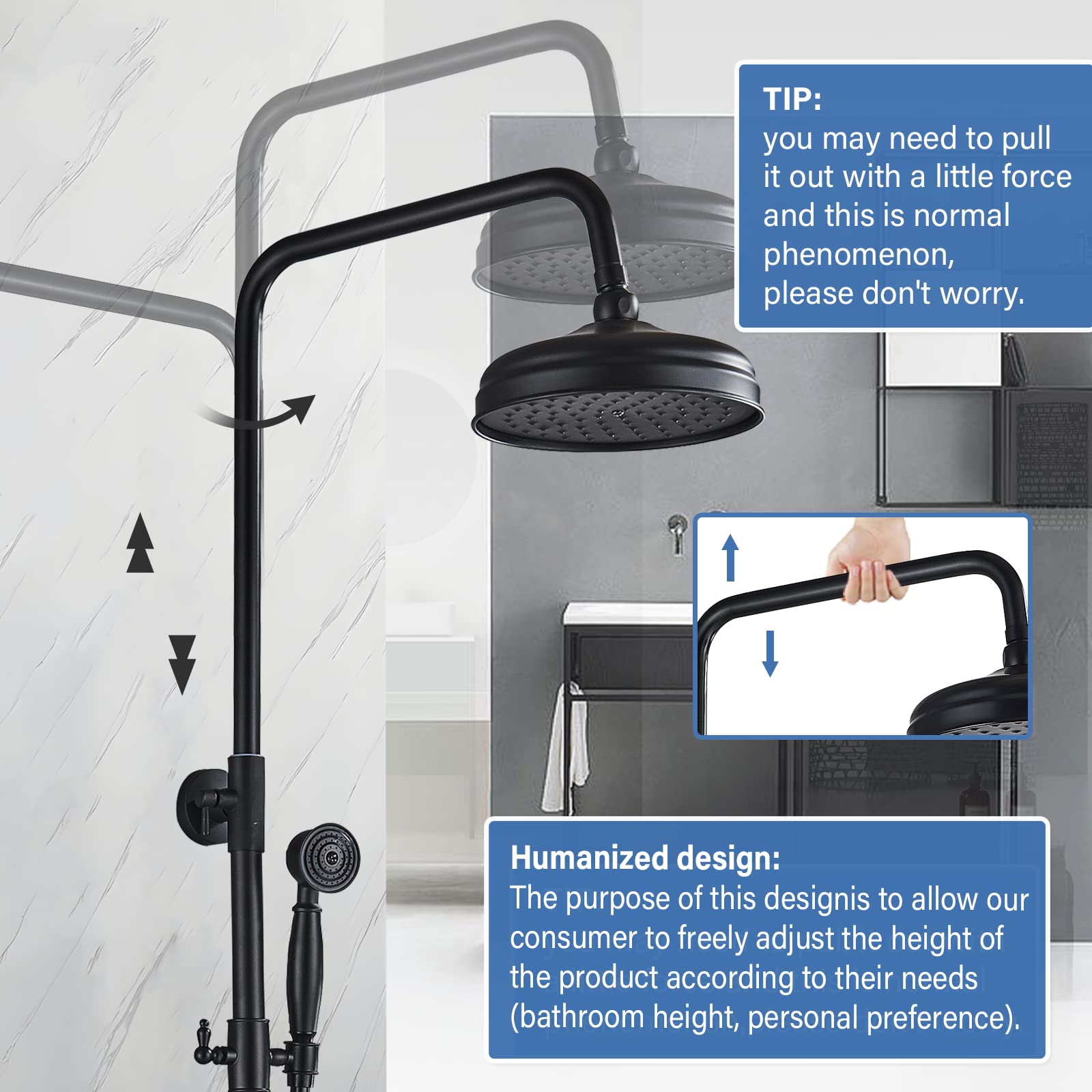 AlenArt Matte Black Outdoor Shower Faucet Set - 8 Inch Rainfall Shower Head with Handheld Spray, Tub Spout & Double Cross Handle - Wall Mounted Bathroom Fixture for Patio, Poolside & Garden Use