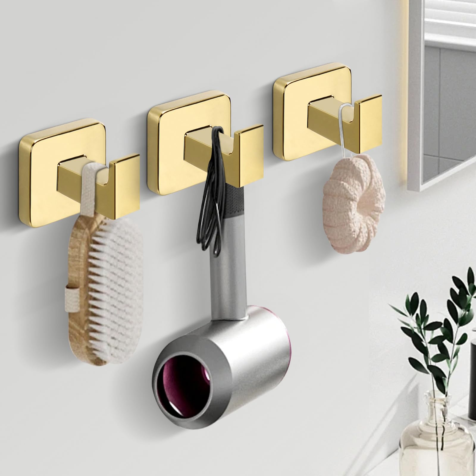 NearMoon Heavy Duty SUS304 Stainless Steel Square Bath Towel Hooks (3 Pack, Chrome Gold) - Wall Mounted Robe & Coat Hangers for Bathroom, Living Room, Hotel, Kitchen & Garage - Perfect for Organizing Towels, Robes and Outerwear in Any Space
