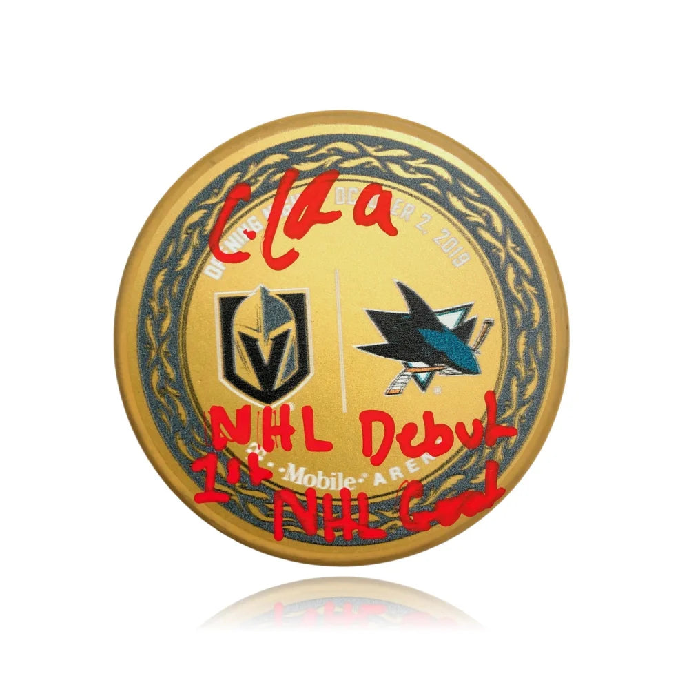 Cody Glass Autographed NHL Debut & First Goal Puck vs Sharks - Vegas Golden Knights - BAS COA Certified - Perfect for Hockey Memorabilia Collectors and Vegas Knights Fans