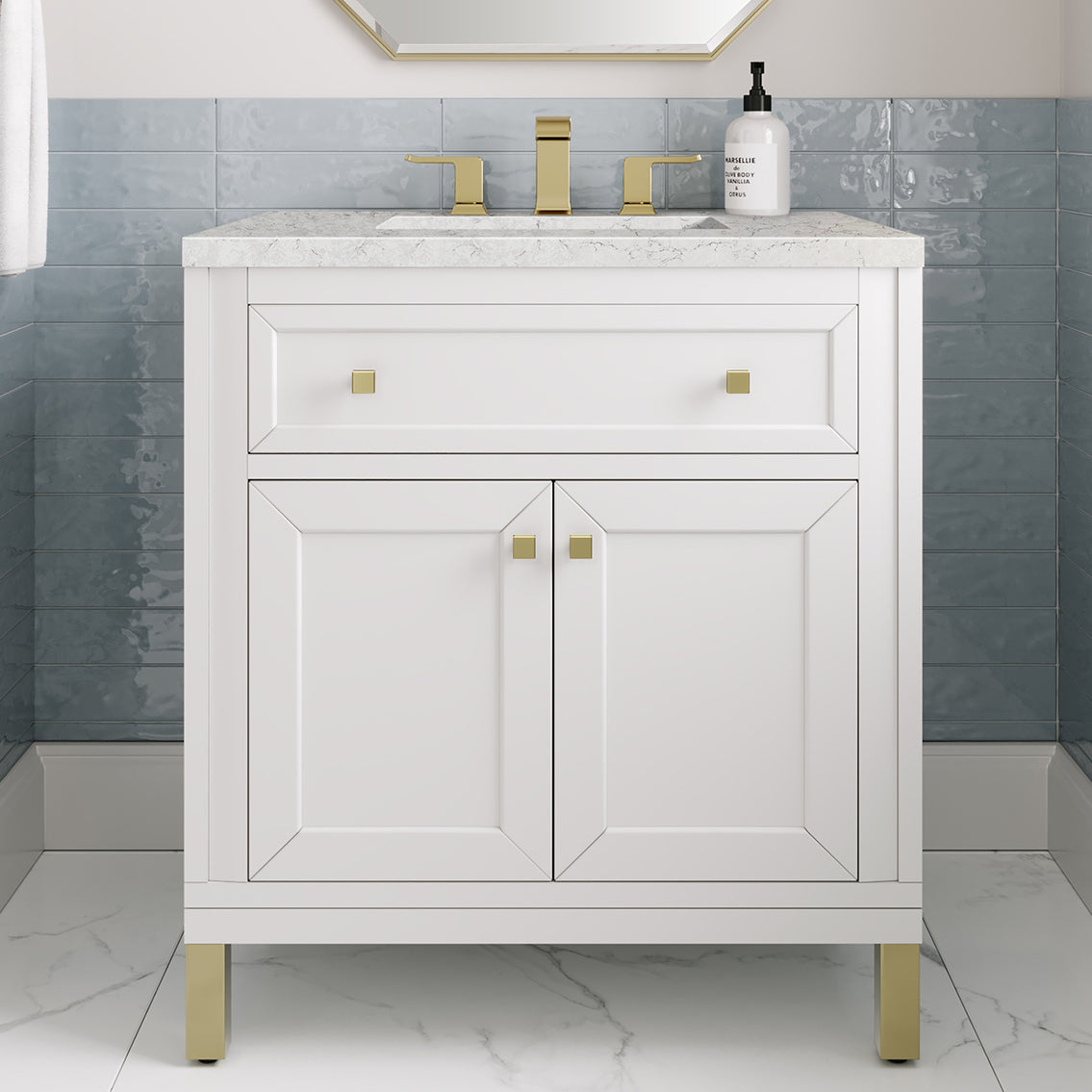 James Martin Vanities Chicago Collection 30-Inch Single Bathroom Vanity in Glossy White with Marble Countertop - Modern Space-Saving Design for Small Bathrooms & Powder Rooms