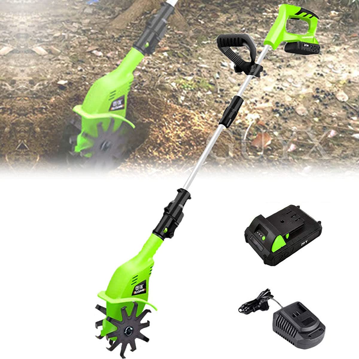 20V Cordless Electric Garden Tiller/Cultivator - 4000mAh Lithium Battery & Fast Charger, 97-127cm Adjustable Pole - Perfect for Home Gardening, Landscaping & Small Farm Cultivation