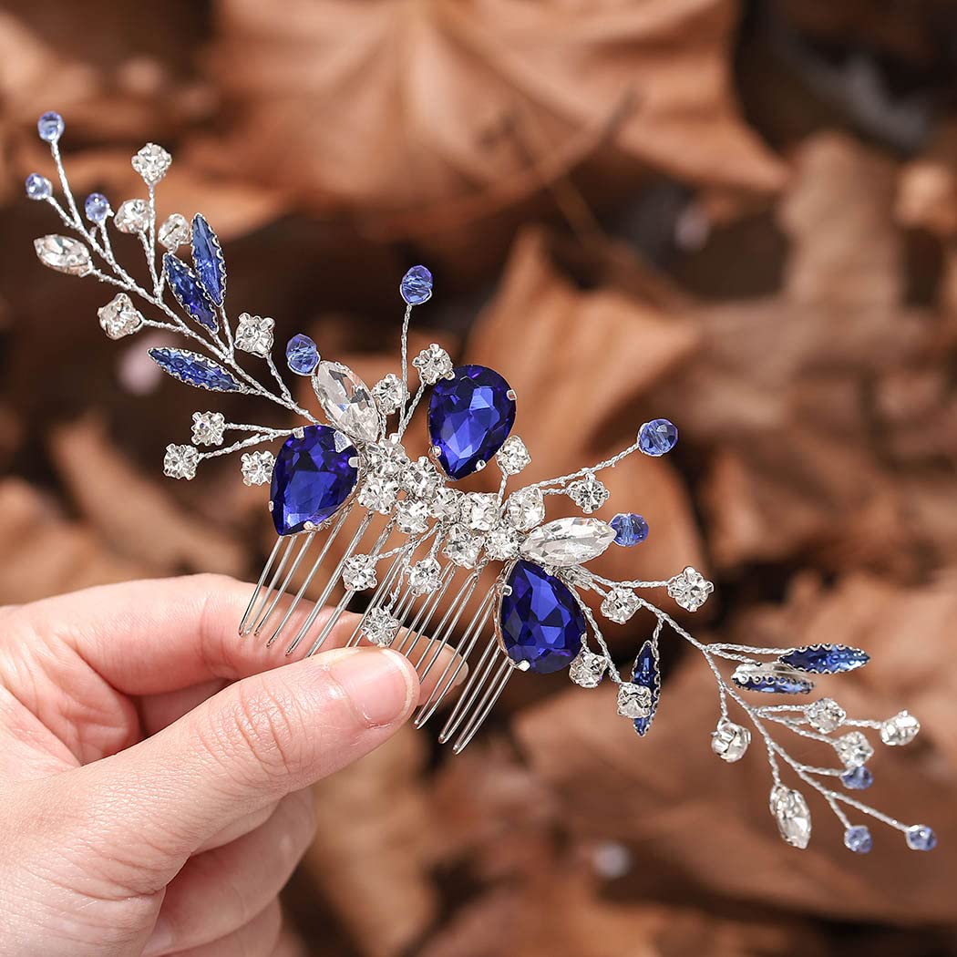 YBSHIN Blue Rhinestone Hair Comb - Elegant Wedding Hair Accessories for Brides, Silver Bridal Headpieces, Women's Decorative Hair Combs | Perfect for Weddings, Proms & Special Occasions