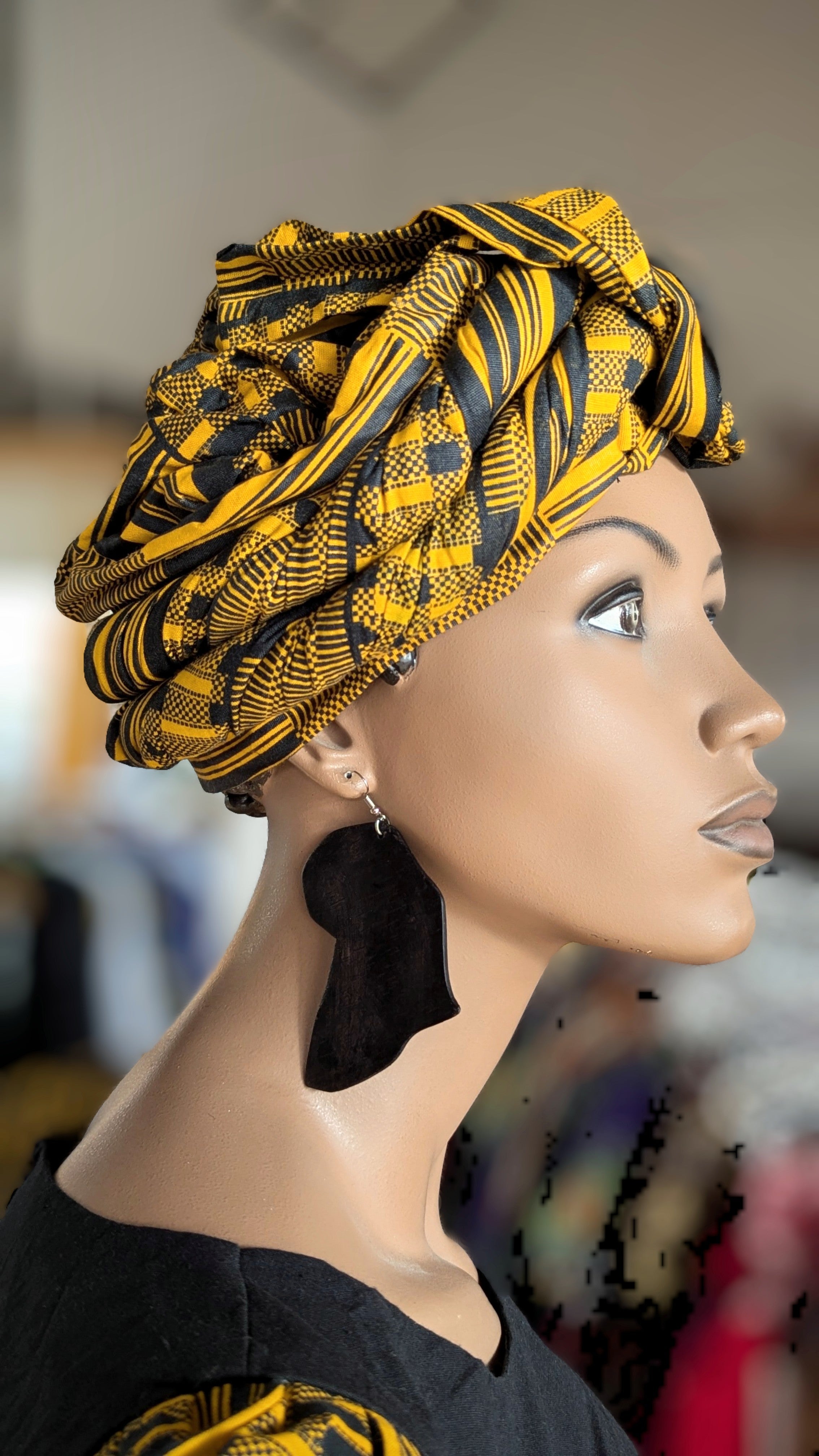 Stylish Zola Black & Gold Kente African Print Pre-Tied Head Wrap DP4091PT - Perfect for Cultural Events, Weddings & Everyday Fashion