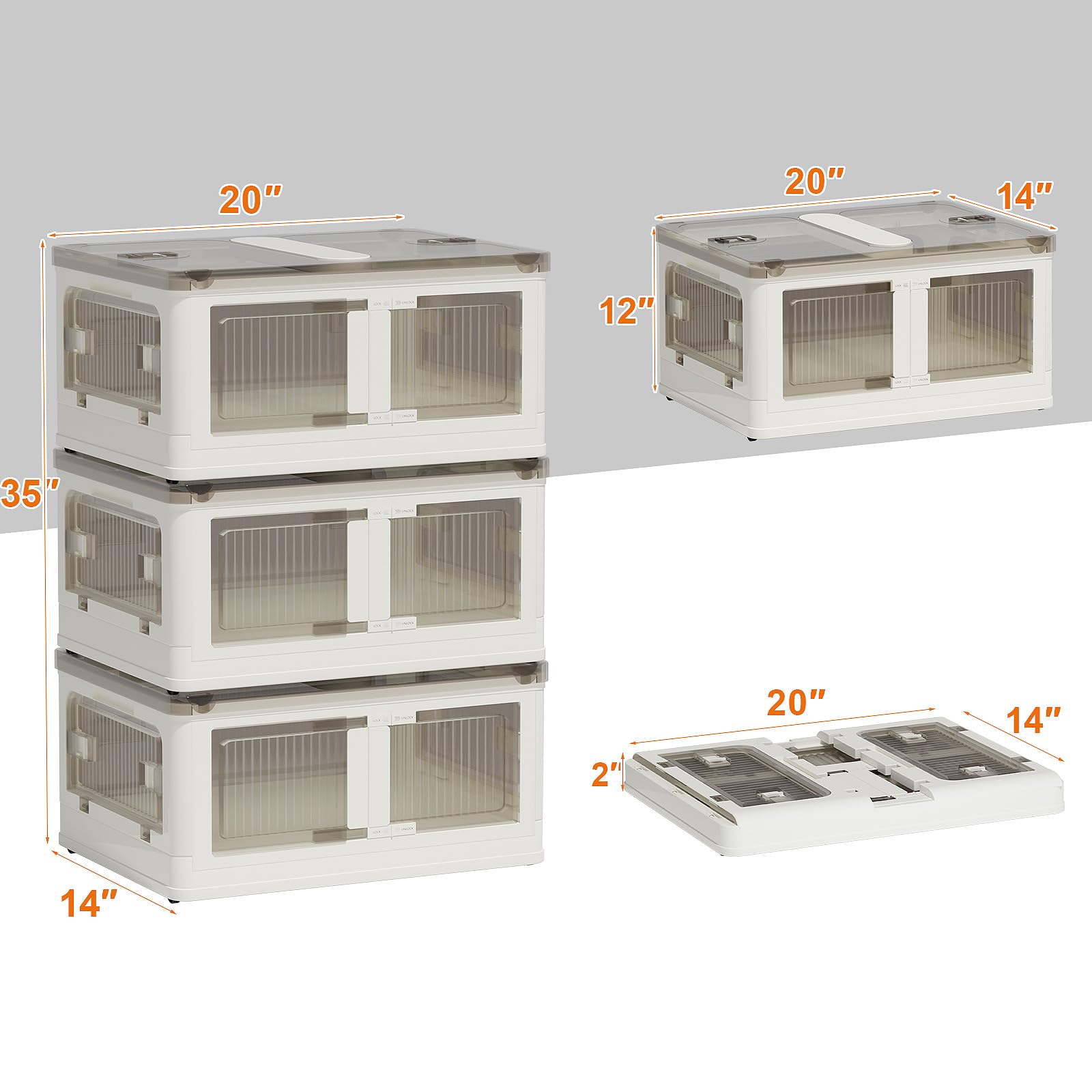 45 Gallon Stackable Storage Bins with Lids & Hidden Wheels - 3-Tier Foldable Plastic Storage Cabinet with 5 Doors | Perfect for Closet Organization, Clothes, Crafts, Bedroom & Office Supplies (White) | Ideal for Home, Office & Garage Storage Solutions
