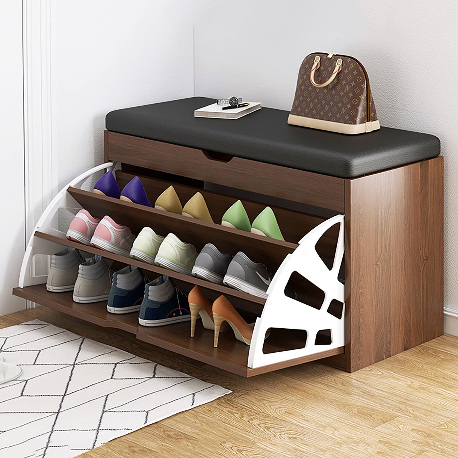 Modern Wooden Shoe Storage Bench with Hidden Shoe Rack - Entryway Shoe Cabinet Organizer & Seat - Multi-Purpose Shoe Cubby with Large Top Storage (Brown, 60x34x60cm/24x13x24in) - Perfect for Hallway, Bedroom & Closet Organization
