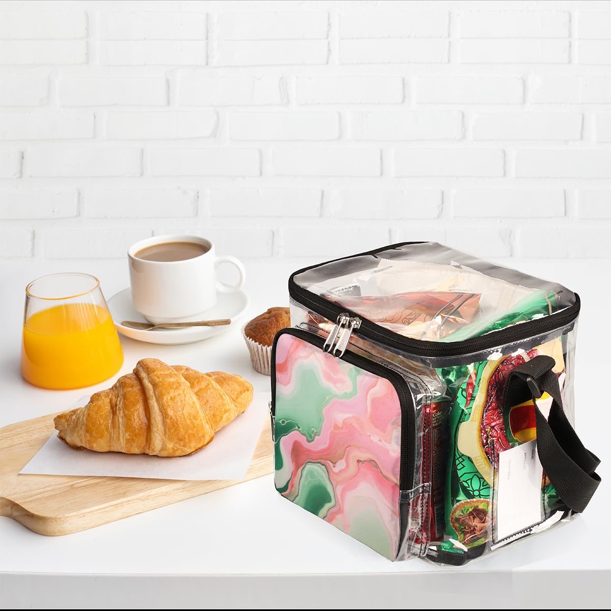 Abstract Ink Paint Clear Tote Bag with Handles - Pink & Green Liquid Texture Transparent Crossbody Shoulder Bag for Women | Perfect for Lunch, Outdoor Travel, Picnic, Concerts & Sports Events (Stadium Approved)