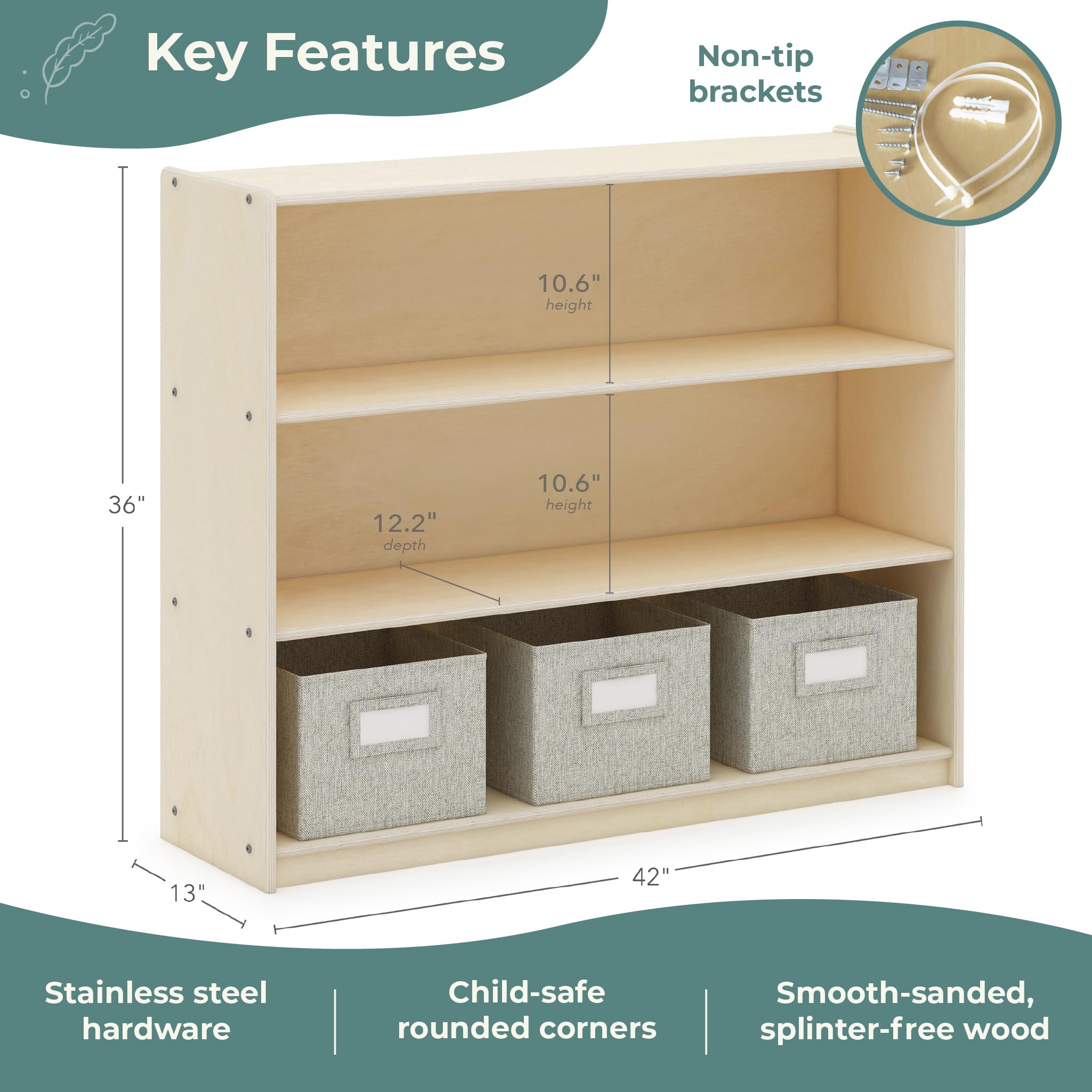 Guidecraft EdQ Three Shelf Open Storage Unit with 3 Fabric Bins - Natural Wood Kids Bookcase & Toy Organizer for Homeschool, Classroom, Playroom & Bedroom Storage Solutions