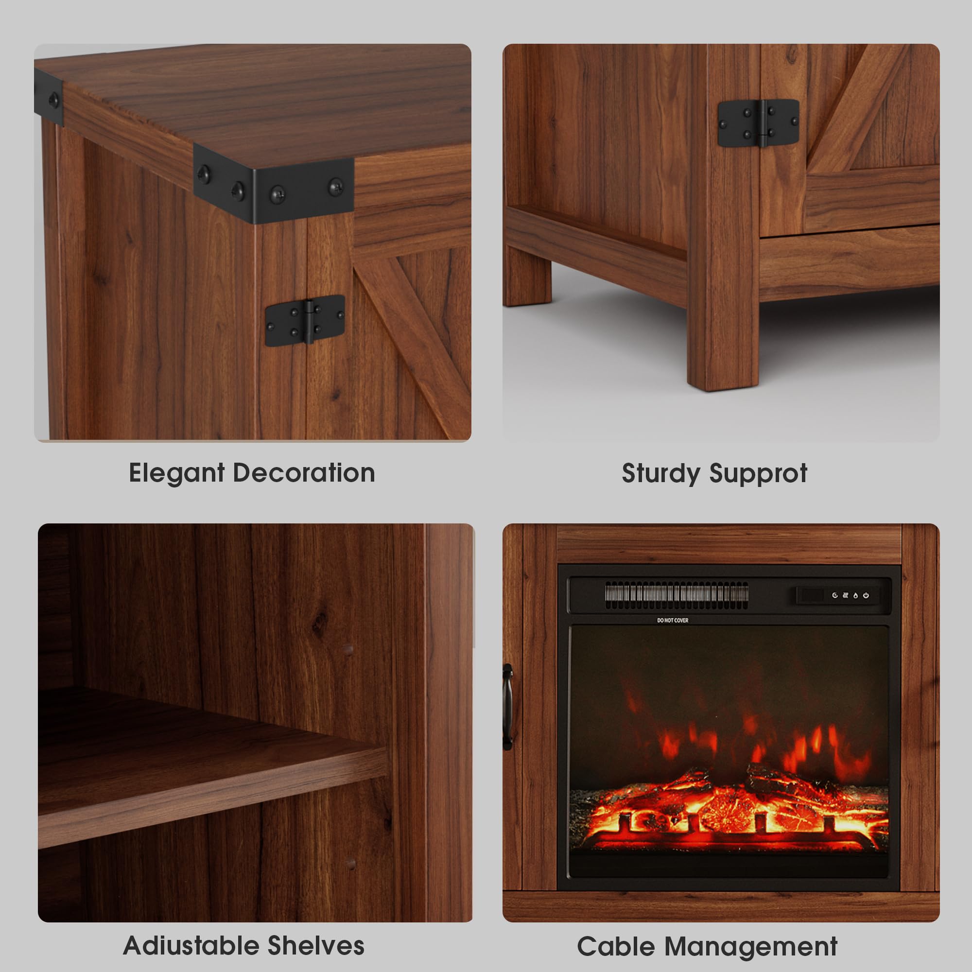 JUMMICO 65+ Inch Fireplace TV Stand with Double Barn Doors - Farmhouse Entertainment Center with Electric Fireplace & Storage Shelves - Rustic Walnut Finish for Living Room, Bedroom & Home Theater