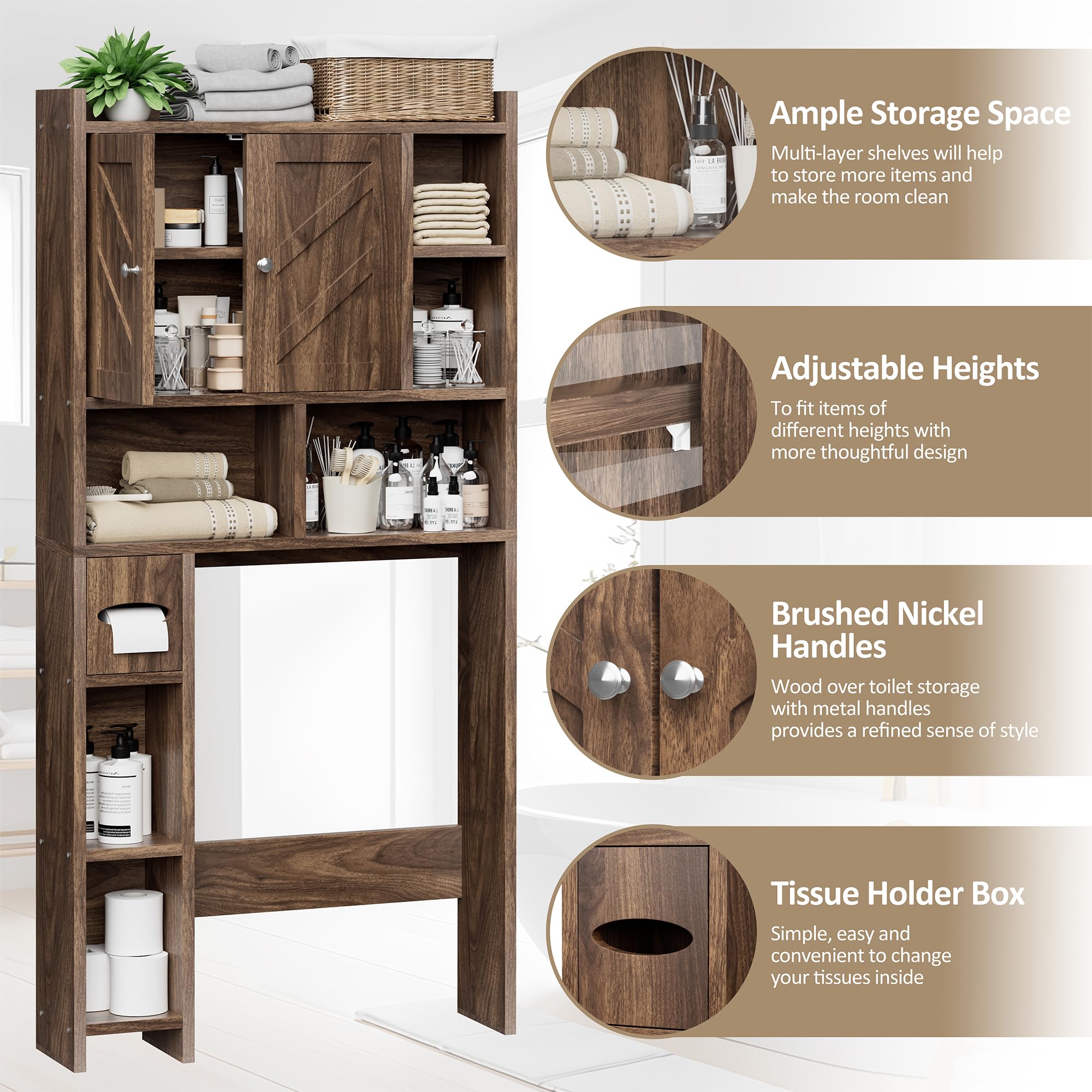 Meilocar Freestanding Farmhouse Bathroom Storage Cabinet Over Toilet - Adjustable Shelf & Toilet Paper Holder Stand - Walnut Finish - Perfect for Small Bathroom Organization & Space Saving