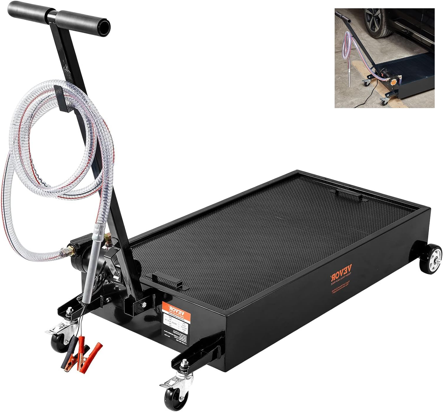 VEVOR 20 Gallon Low Profile Oil Drain Pan with Electric Pump - 8.2ft Hose & Folding Handle - Rolling Oil Drain Cart for Trucks, Buses, RVs - Perfect for DIY Oil Changes and Professional Garage Use