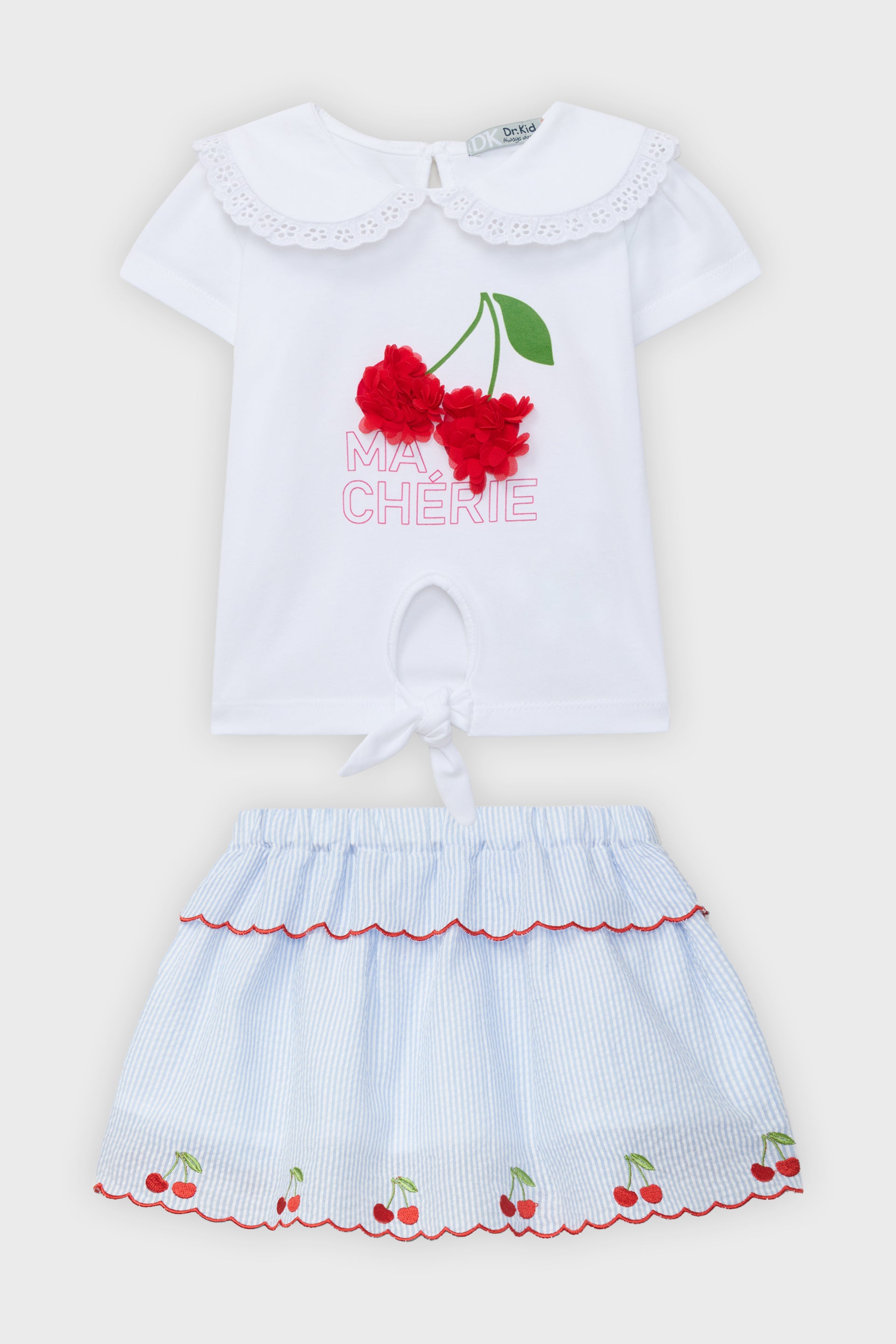 Blue Striped Cherry Print Skirt and Top Set - Women's Summer Floral Outfit for Beach, Party & Casual Wear