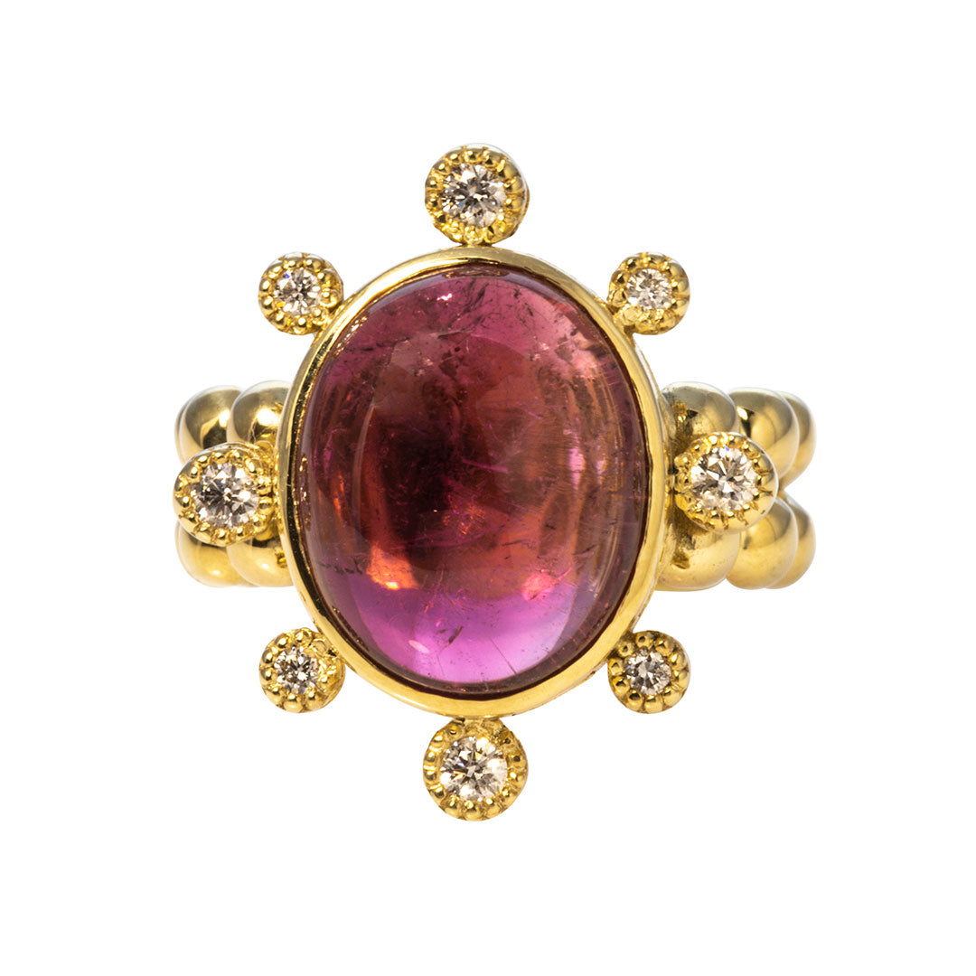 14K Yellow Gold Pink Tourmaline & Diamond Cabochon Ring - Elegant Jewelry for Women, Perfect for Weddings, Anniversaries & Special Occasions