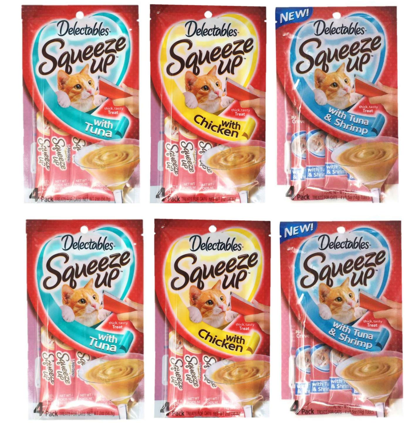 Hartz Squeeze Up Cat Treats Variety Pack - 6 Pouch Bundle with 3 Flavors (Tuna, Chicken, Tuna & Shrimp) 2.0 oz Each | Soft Puree Treats for Cats | Perfect for Training, Bonding & Rewarding Your Feline Friend