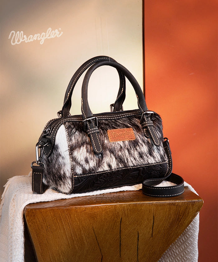 Wrangler Genuine Hair-On Cowhide Barrel Bag - Western Style Leather Crossbody Purse for Women | Perfect for Rodeo, Country Music Festivals & Everyday Use