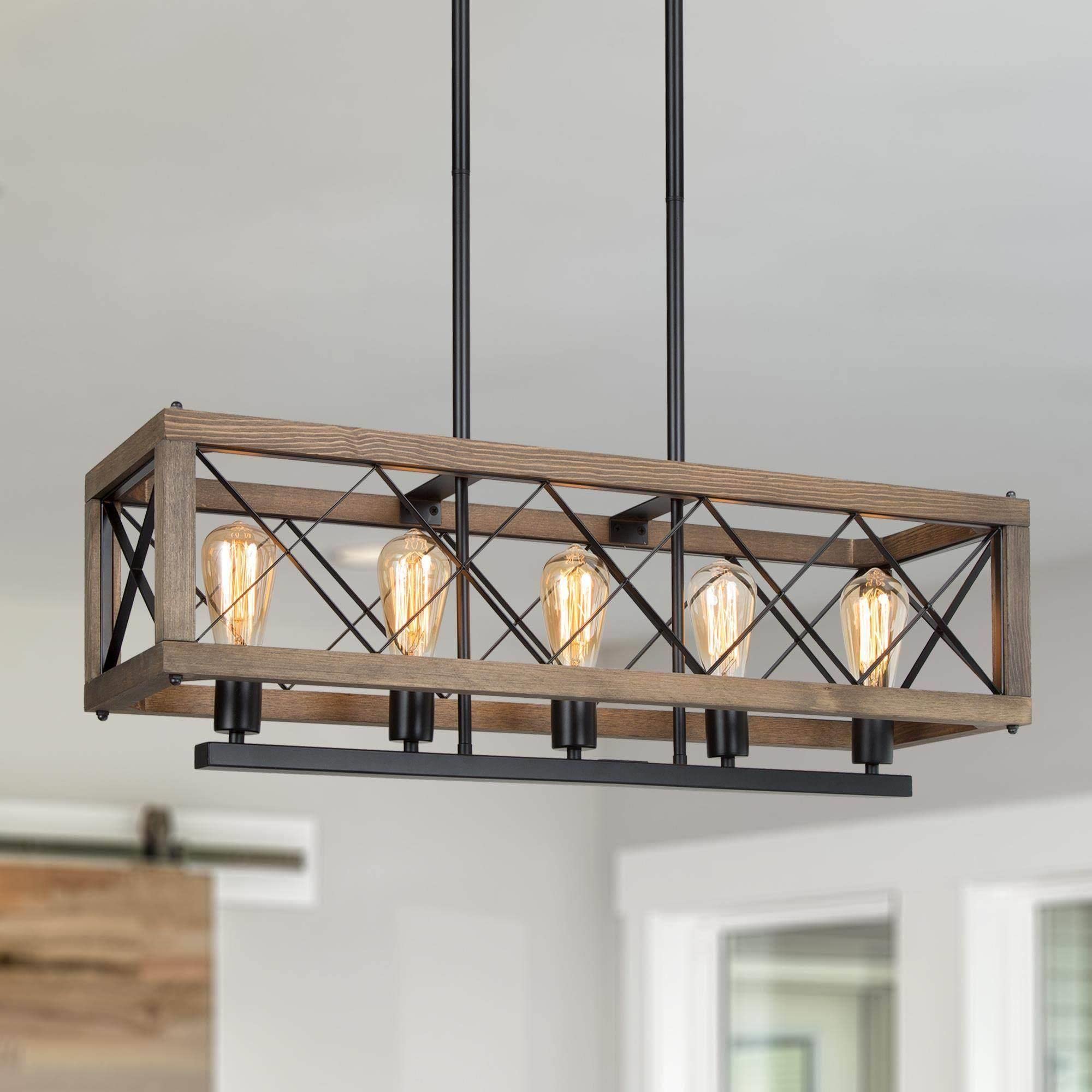 LALUZ 5-Light Farmhouse Chandelier - 32 Inch Rustic Wood Ceiling Light Fixture for Dining Room & Kitchen Island Lighting | Perfect for Country Style Home Decor & Farmhouse Interior Design