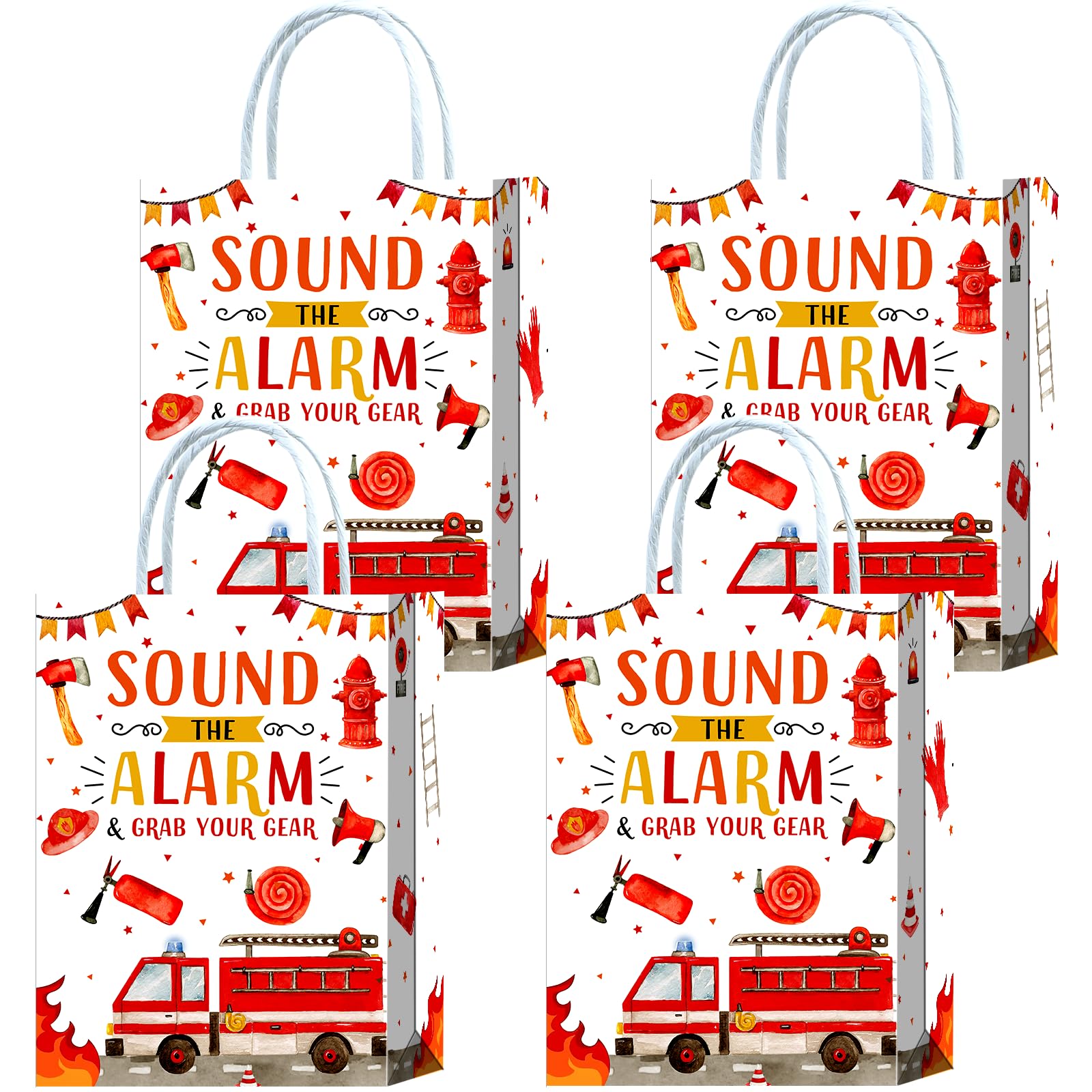 16-Piece Fire Truck Goodie Bags with Handles - Fire Engine Themed Party Supplies for Kids & Adults - Perfect for Birthday Parties, Snacks, Treats & Candy Favors | Ideal for Firefighter-Themed Decorations & Events