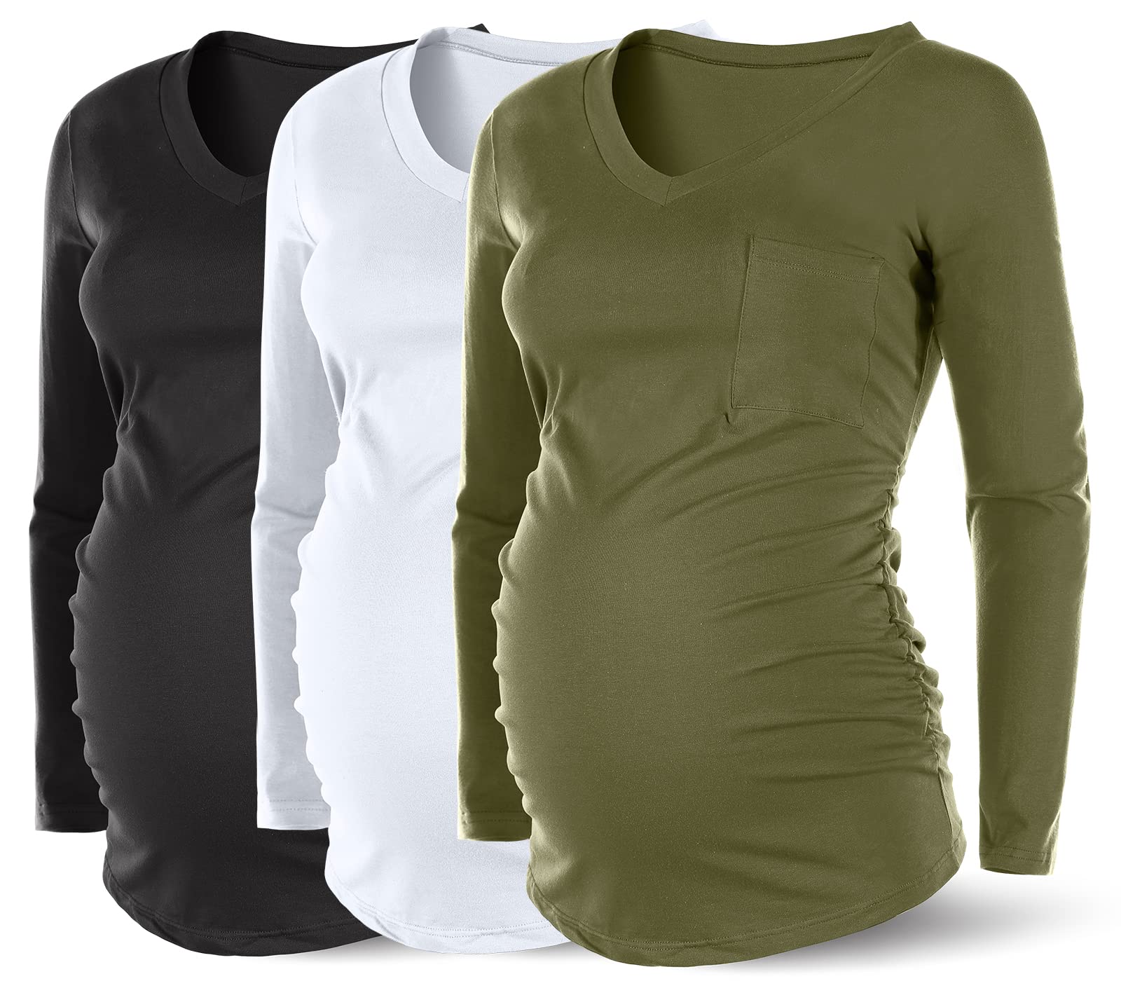 RNXRBB Maternity Shirts for Women - 3 Pack V-Neck Pregnancy Tops with Long & Short Sleeve Options | Comfortable Summer Clothes for Expecting Mothers | Perfect for Work, Casual Wear & Maternity Photos