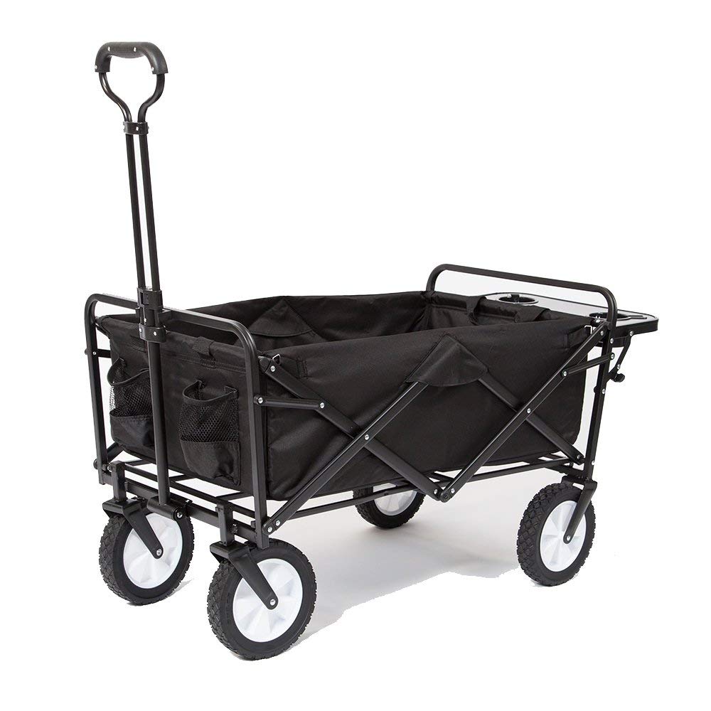Mac Sports Collapsible Folding Outdoor Utility Wagon with Side Table - Heavy Duty All-Terrain Cart for Camping, Beach, Picnic & Gardening (Black)