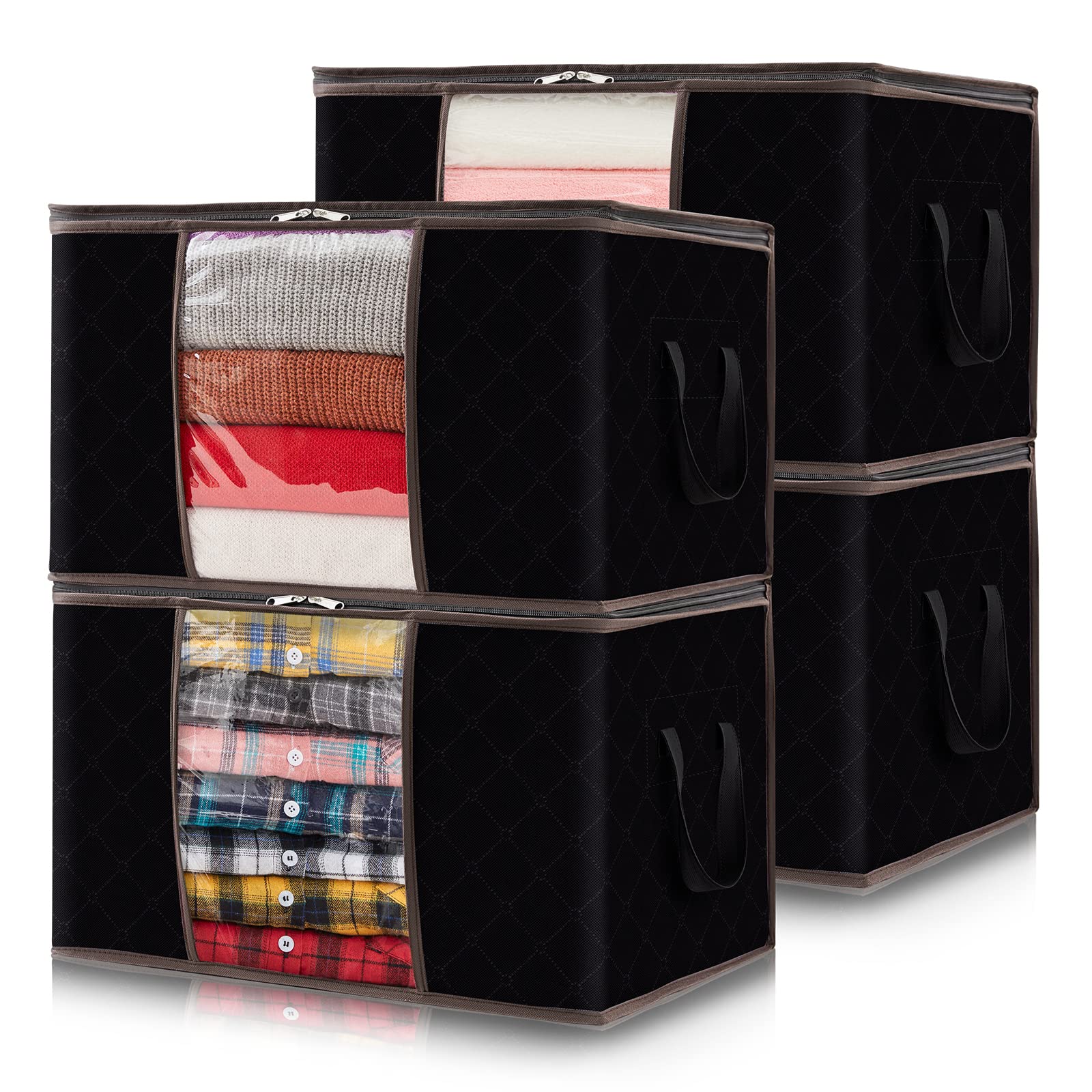 Lifewit 4-Pack Large 60L Foldable Clothes Storage Bags with Clear Window & Reinforced Handle - Heavy Duty Zippered Organizer for Clothes, Blankets, Comforters - Perfect for Closet, Underbed & Seasonal Storage (Black)
