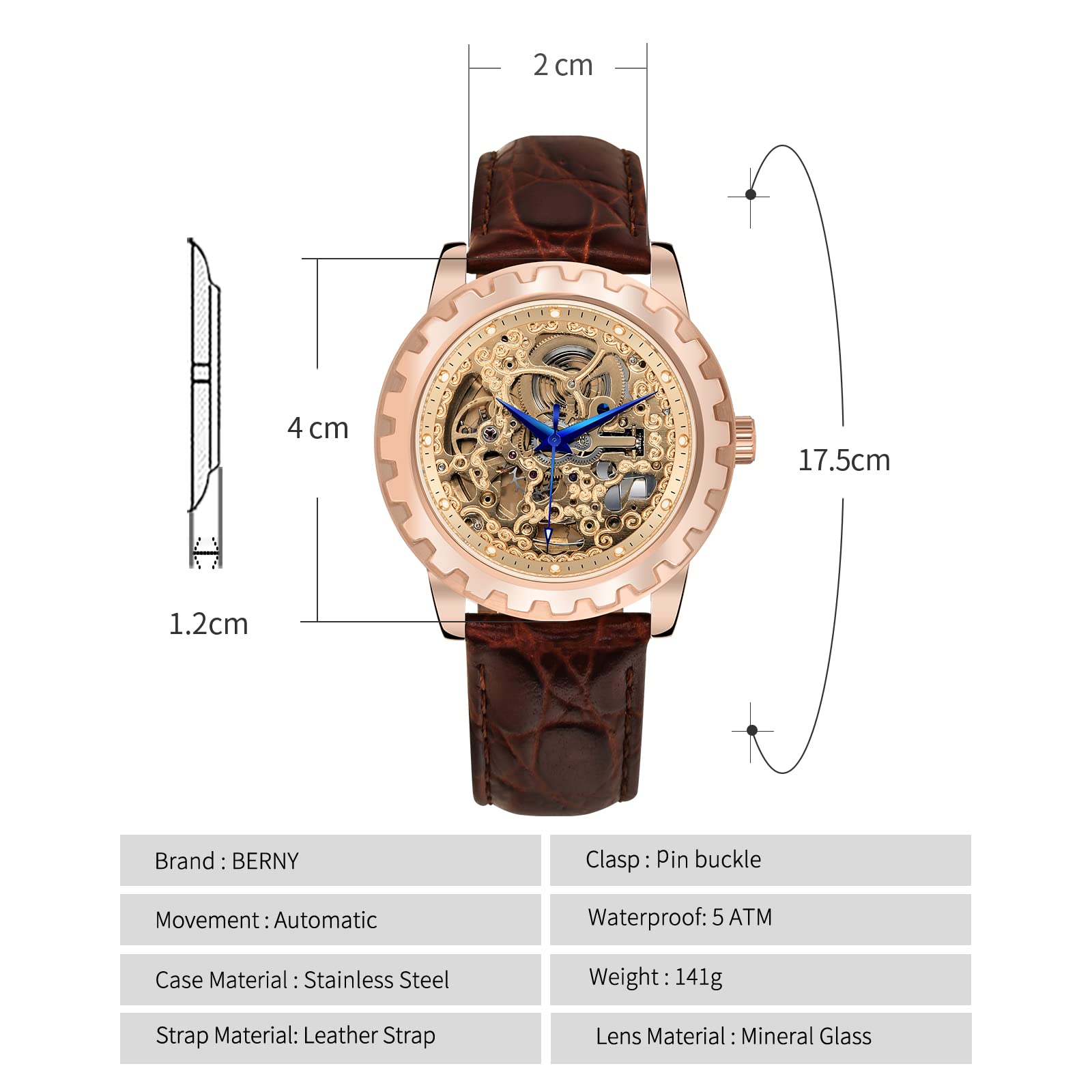 BERNY Luxury Automatic Skeleton Men's Watch - Gold Mechanical Dress Wristwatch with Exhibition Back, Luminous Markers & Waterproof - Perfect for Business, Formal Events & Gifts