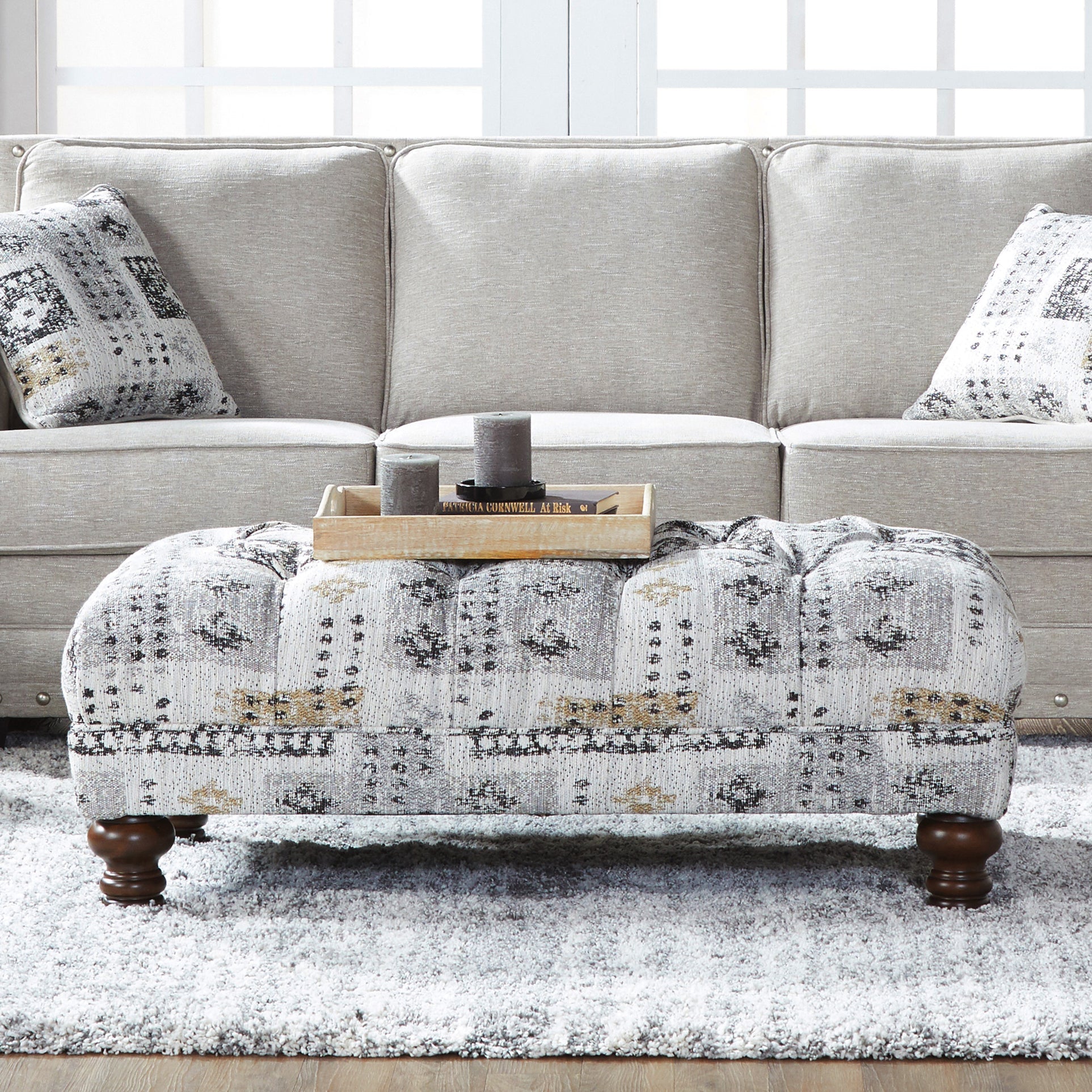 Roundhill Furniture Charbilia Fabric Tufted Cocktail Ottoman in Tupper Onyx - Stylish Living Room Footrest & Coffee Table for Modern Home Decor