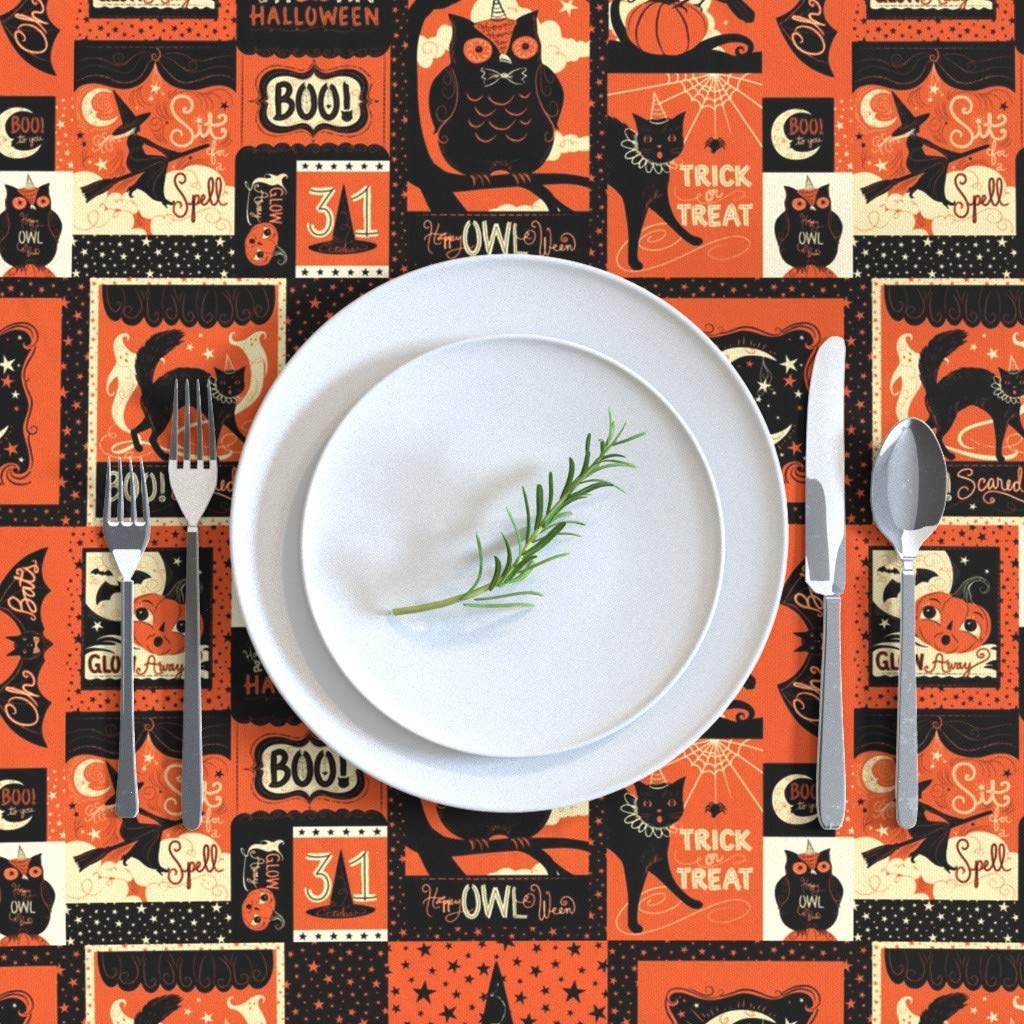 Vintage Halloween Patchwork Cotton Sateen Tablecloth 70x120 Inches - Custom Owl Ghost Pumpkin Witch Moon Print Table Linens for Dining Room Decor, Holiday Parties & Seasonal Home Decor