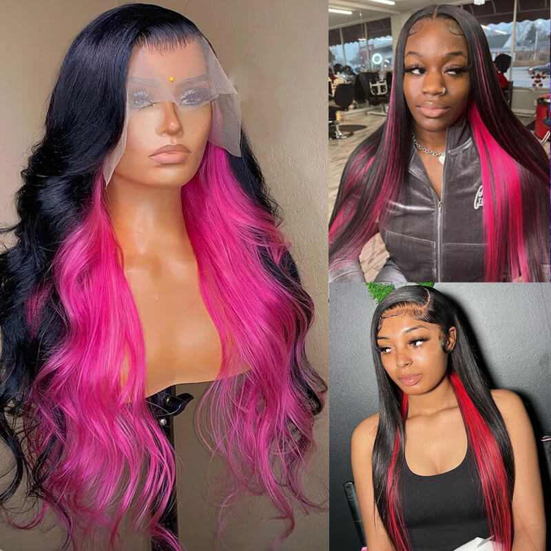 Eullair Human Hair Lace Frontal Wig with Trendy Inner Color (Red/Pink) - Perfect for Daily Wear, Parties & Special Occasions