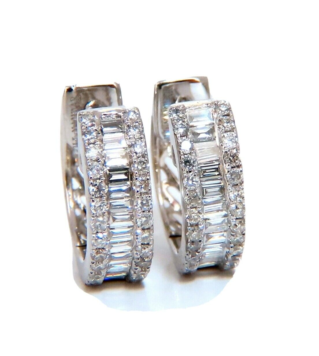 1.04ct Round Natural Diamond Huggie Earrings in 14K Gold with Baguette Three Row Design - Perfect for Weddings, Parties & Everyday Elegance