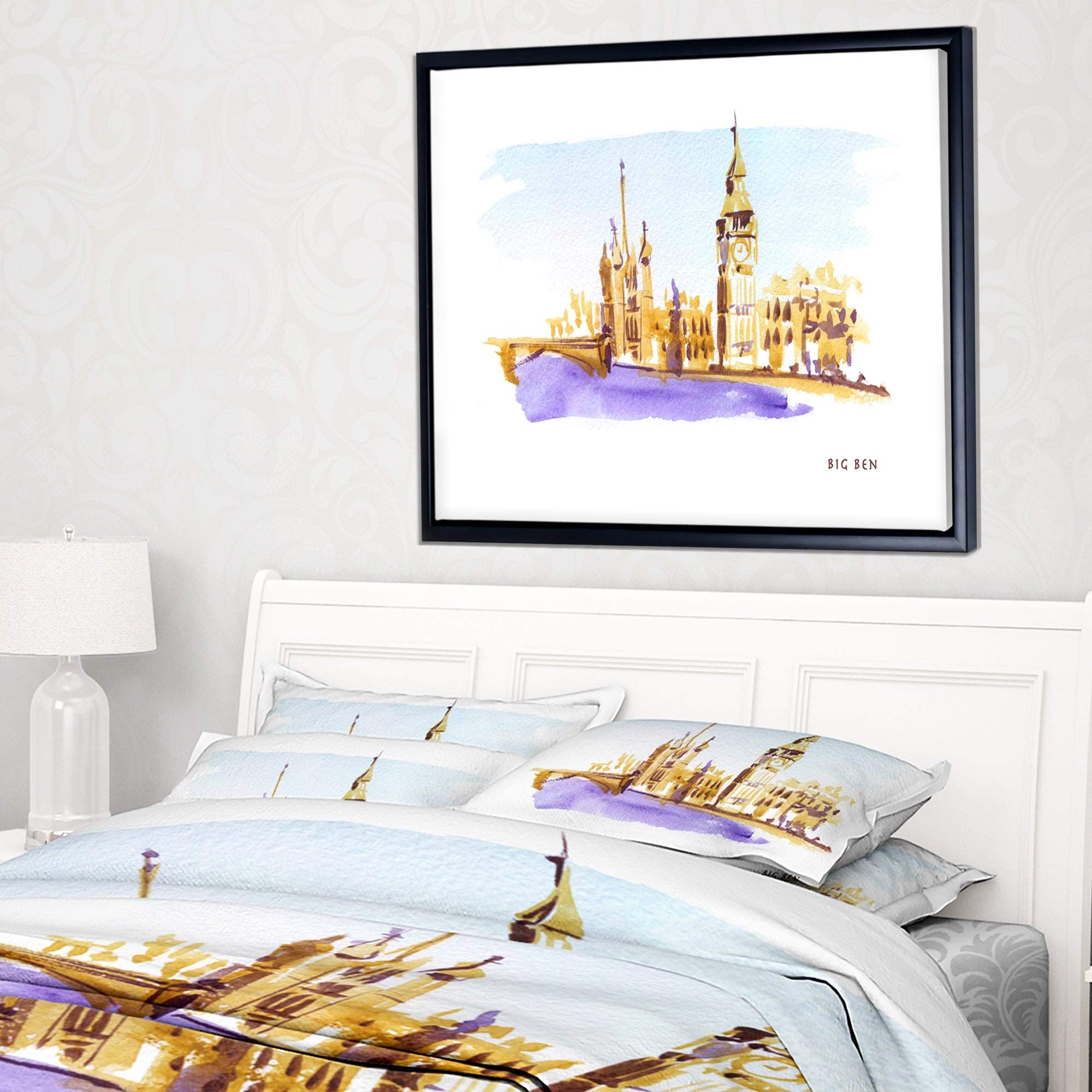 London Brown Illustration Cityscape Framed Canvas Print - 40x30 Inches Wall Art Decor | Perfect for Living Room, Bedroom & Office