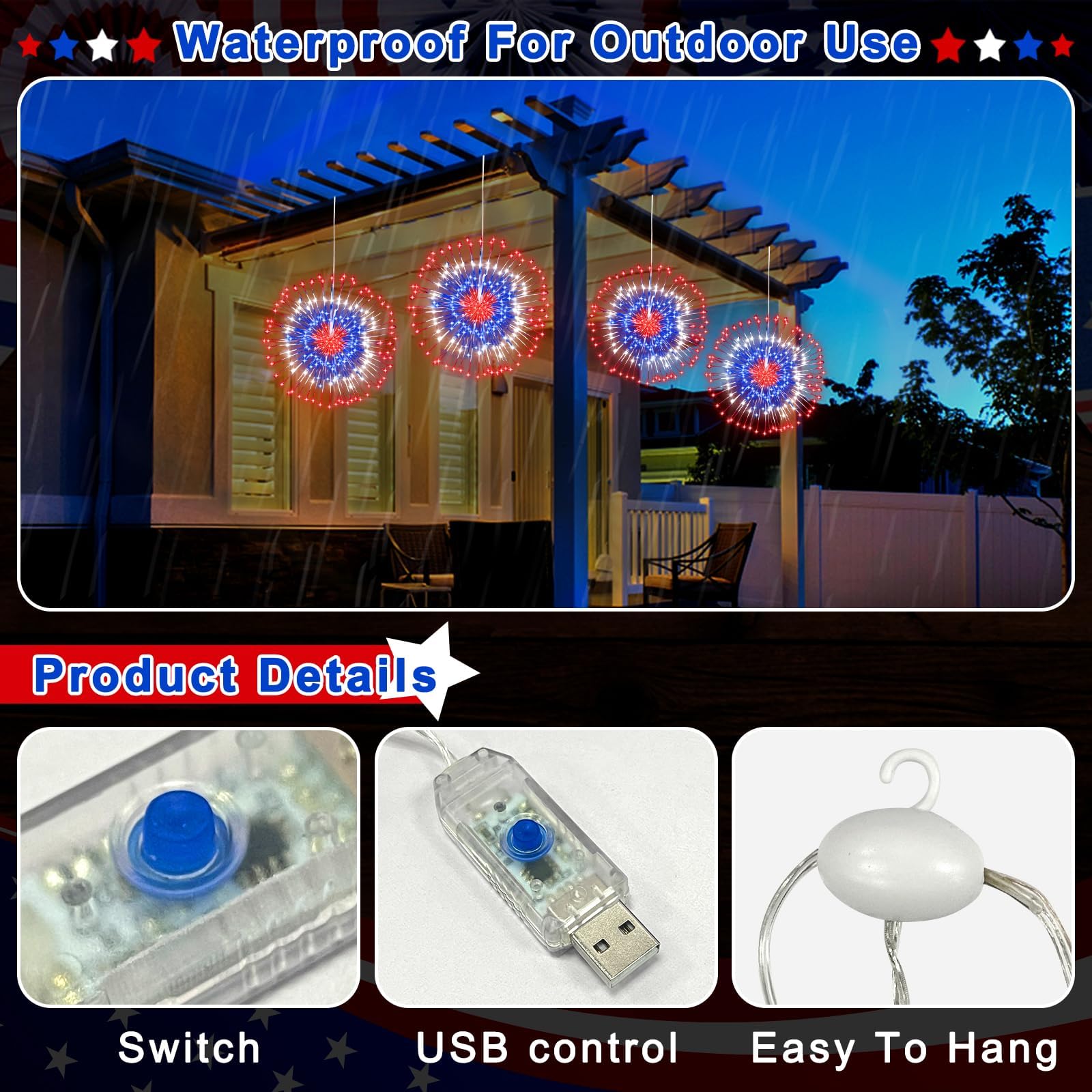 2 Pack Patriotic LED Firework Lights - 240 Red White Blue Battery Operated Waterproof Starburst Lights with Timer & 8 Mode Remote for 4th of July, Memorial Day Decorations - Perfect for Outdoor Parties, Backyard Celebrations and Independence Day Festivities