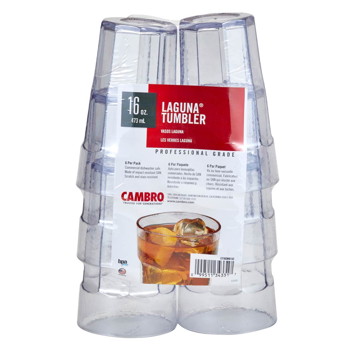 Cambro LT16SW6152 Laguna Fluted Tumbler - Clear 16 oz Plastic Cups (Pack of 6) for Restaurants, Cafes, and Home Use