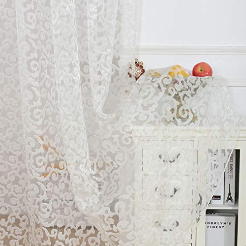 NAPEARL Elegant Jacquard Sheer Curtains 96 Inches Long - Light Filtering Voile Drapes with Pencil Pleat, Set of 2 Panels (52x96 Inch Each, White) for Living Room, Bedroom & Office Windows