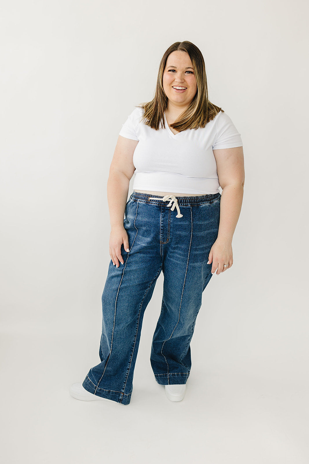 High Rise Wide Leg Denim Joggers for Women - Comfortable Stretchy Casual Pants for Lounge, Travel & Everyday Wear