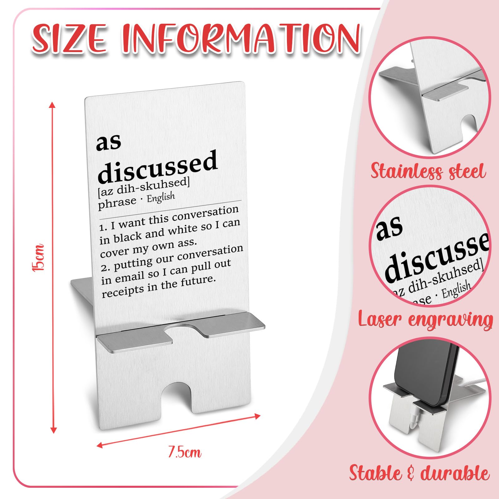 YODOCAMP Funny 'As Discussed' Definition Metal Phone Stand - Desk Holder for iPhone & Android - Unique Office Gifts for Women, Men, Boss & Coworkers - Perfect for Home Office, Work Desk & Gift Giving