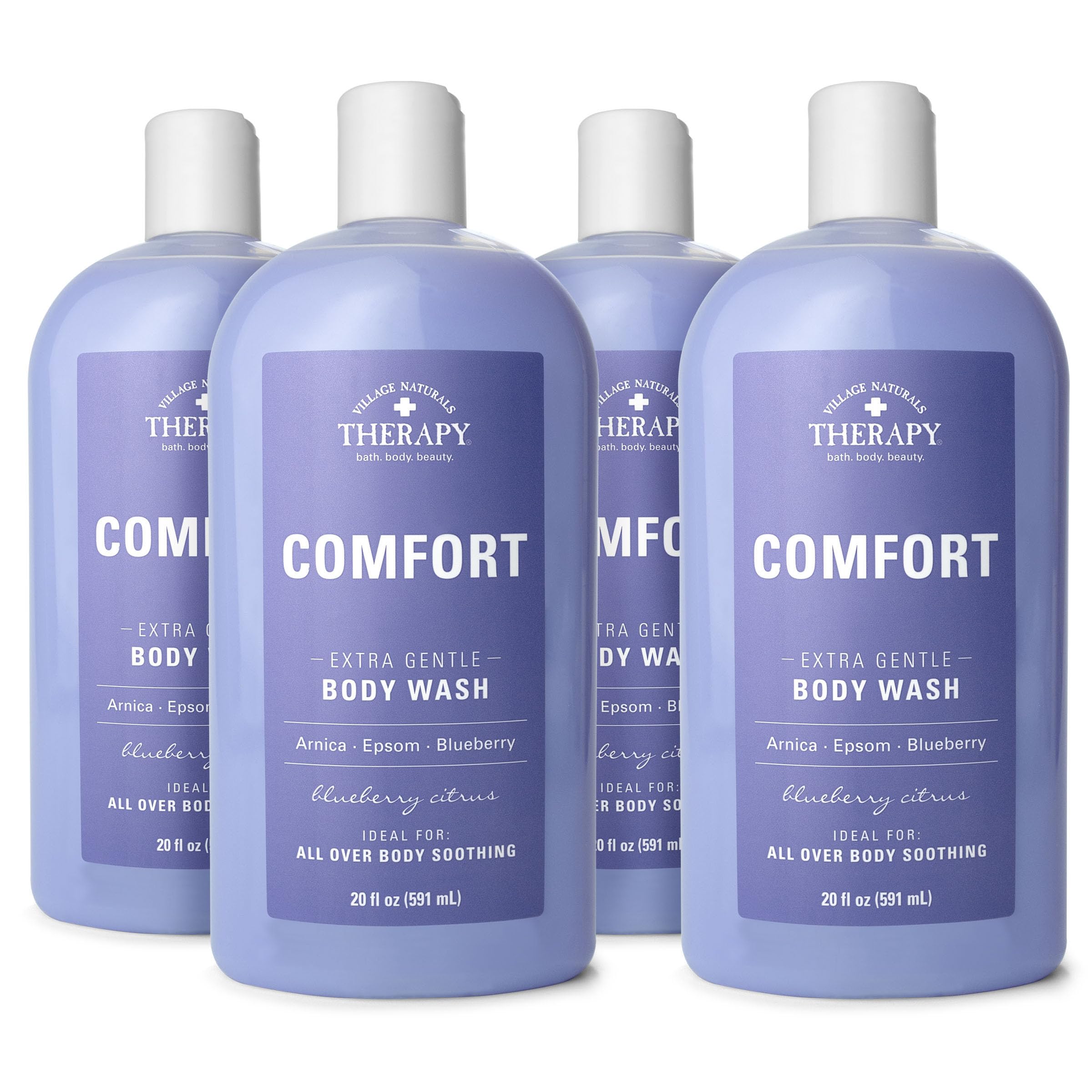 Village Naturals Therapy Comfort Body Wash - 20 oz (Pack of 4) | Moisturizing & Relaxing Shower Gel for Dry Skin | Perfect for Stress Relief & Daily Self-Care Routine