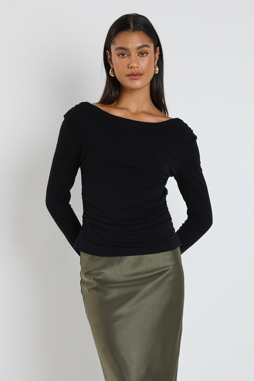 Alley Black Rib Asymmetric Neck Top - Women's Fashion Chic Blouse for Night Out & Party Wear