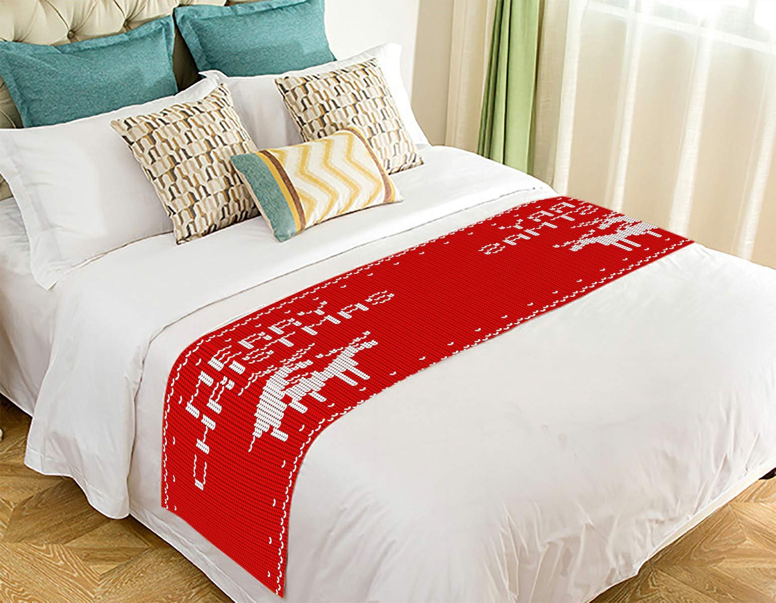 ECZJNT Knitted Red Deer Love Christmas Sweater - Festive Holiday Bed Runner, Bed Scarf & Home Decor (20x95 Inches) - Perfect for Cozy Winter Bedding, Christmas Decorations & Seasonal Home Styling