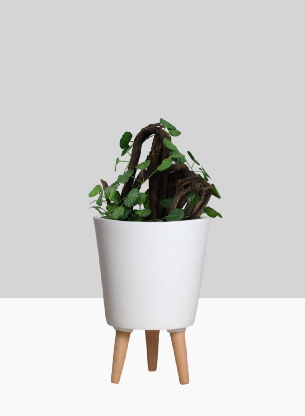 Serene Spaces Matte White Ceramic Plant Pot Holder with Wooden Legs - 15