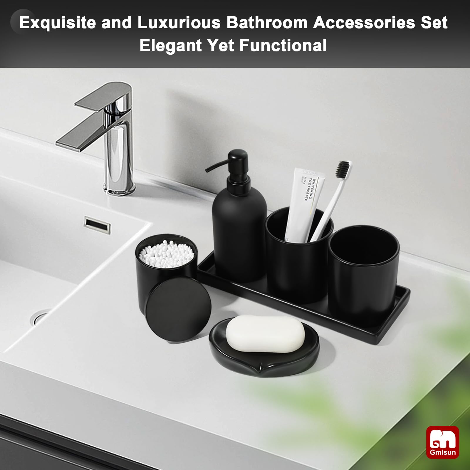 GMISUN 6-Piece Matte Black Bathroom Accessories Set - Glass Soap Dispenser, Toothbrush Holder & Ceramic Tray | Modern Sink Counter Decor for Bathroom Organization & Stylish Home Upgrade