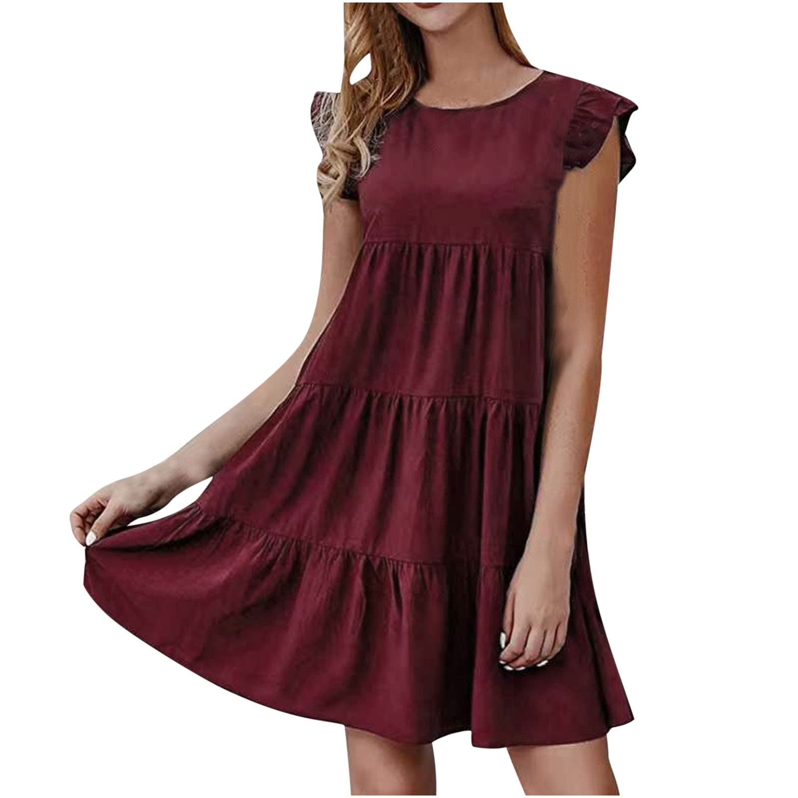 Ceimmol Women's Ruffle Tiered Mini Dress - Crewneck Flutter Sleeve Summer Casual Babydoll Dress (Loose Fit) | Perfect for Beach Vacations, Date Nights & Summer Parties