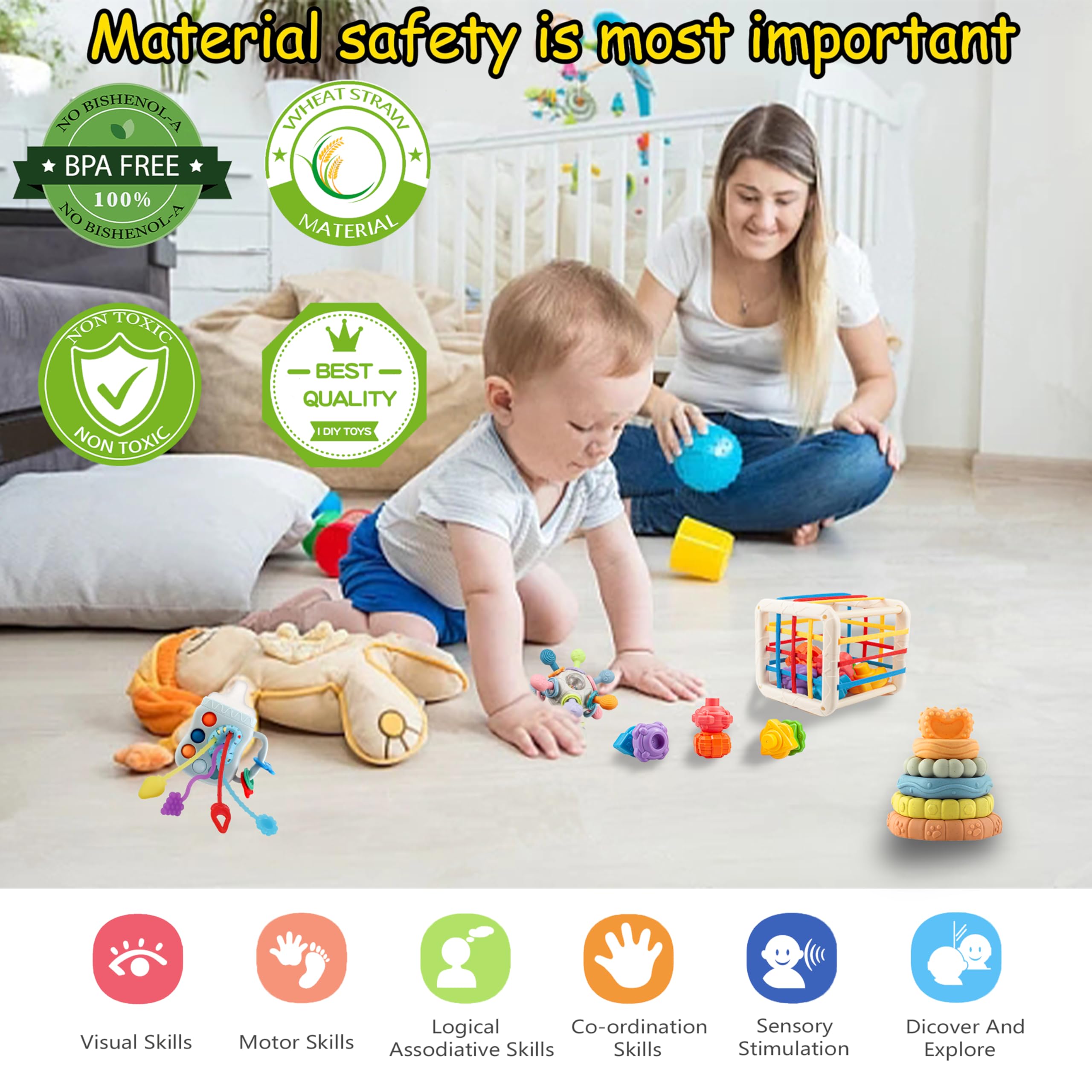 Montessori Baby Toys 0-18 Months - Pull String Toy, Shape Sorter, Stacking Blocks, Manhattan Ball & Building Blocks - Educational Learning Toys for Infants & Toddlers - Perfect for Early Development, Sensory Play & Motor Skills