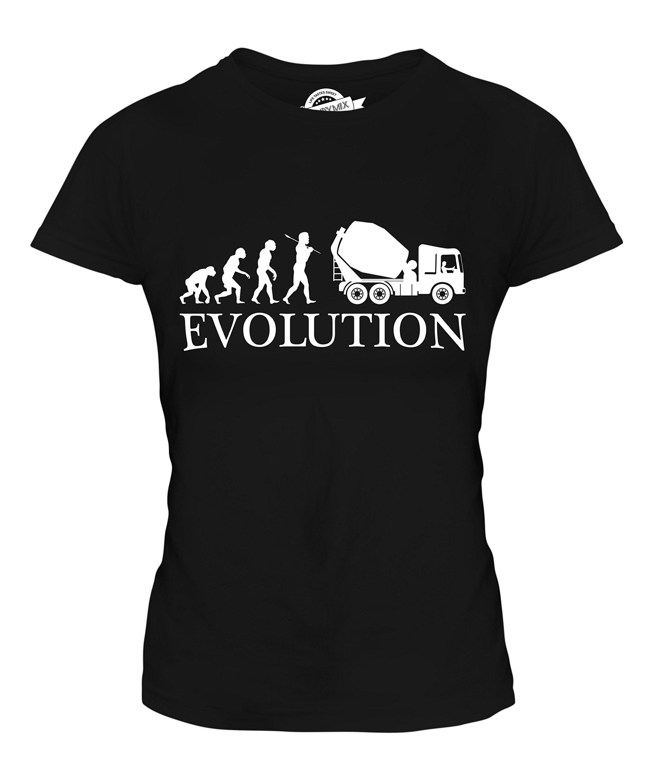 CandyMix Women's Fitted Evolution of Man Cement Mixer Graphic T-Shirt - Casual Wear, Funny Work Apparel & Gift for Construction Lovers