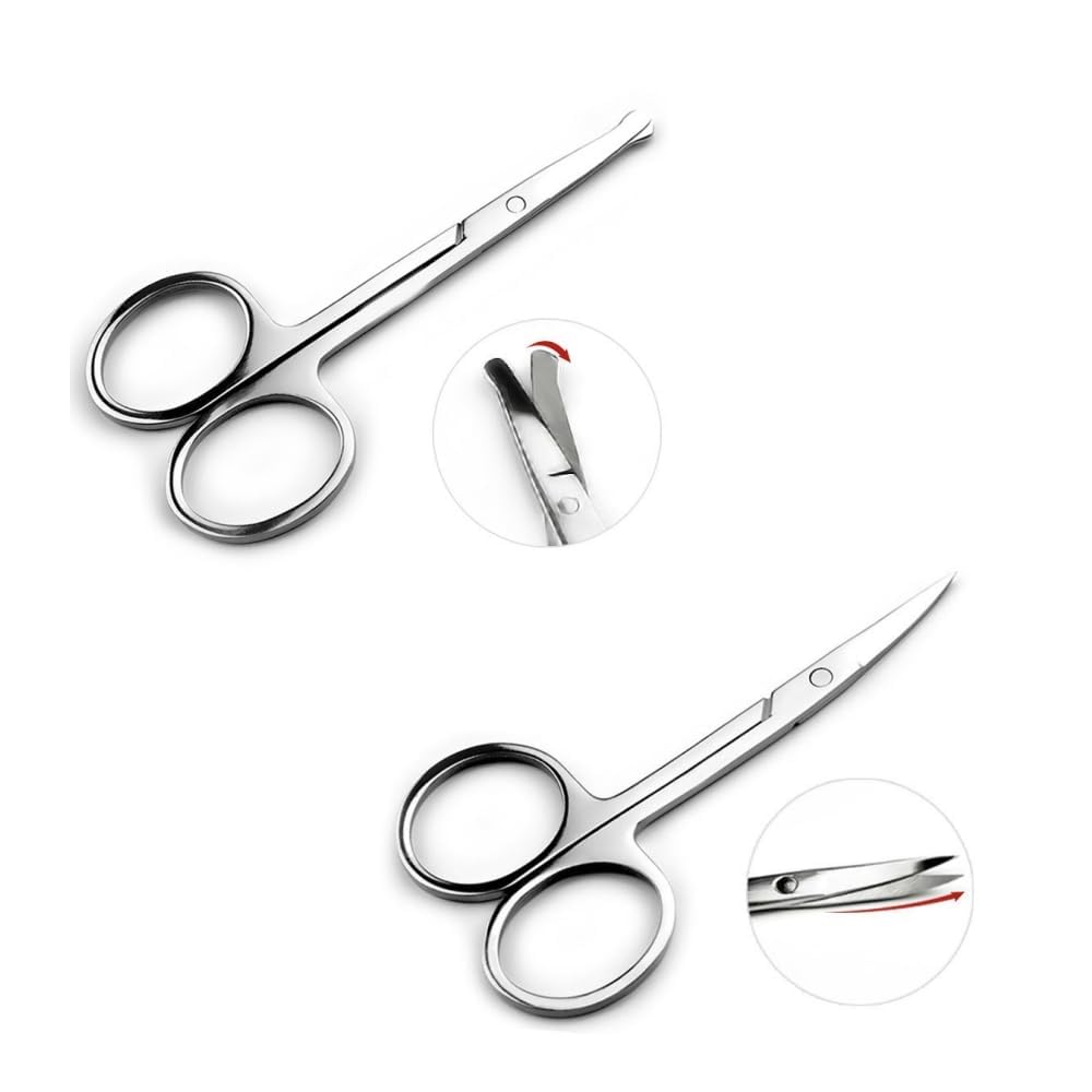Professional Stainless Steel Eyebrow Scissors & Nose Hair Trimmer Set - Curved & Rounded Safety Scissors for Men, Women, Facial Hair, Eyelashes, Beard Grooming - Perfect for Home, Travel & Salon Use